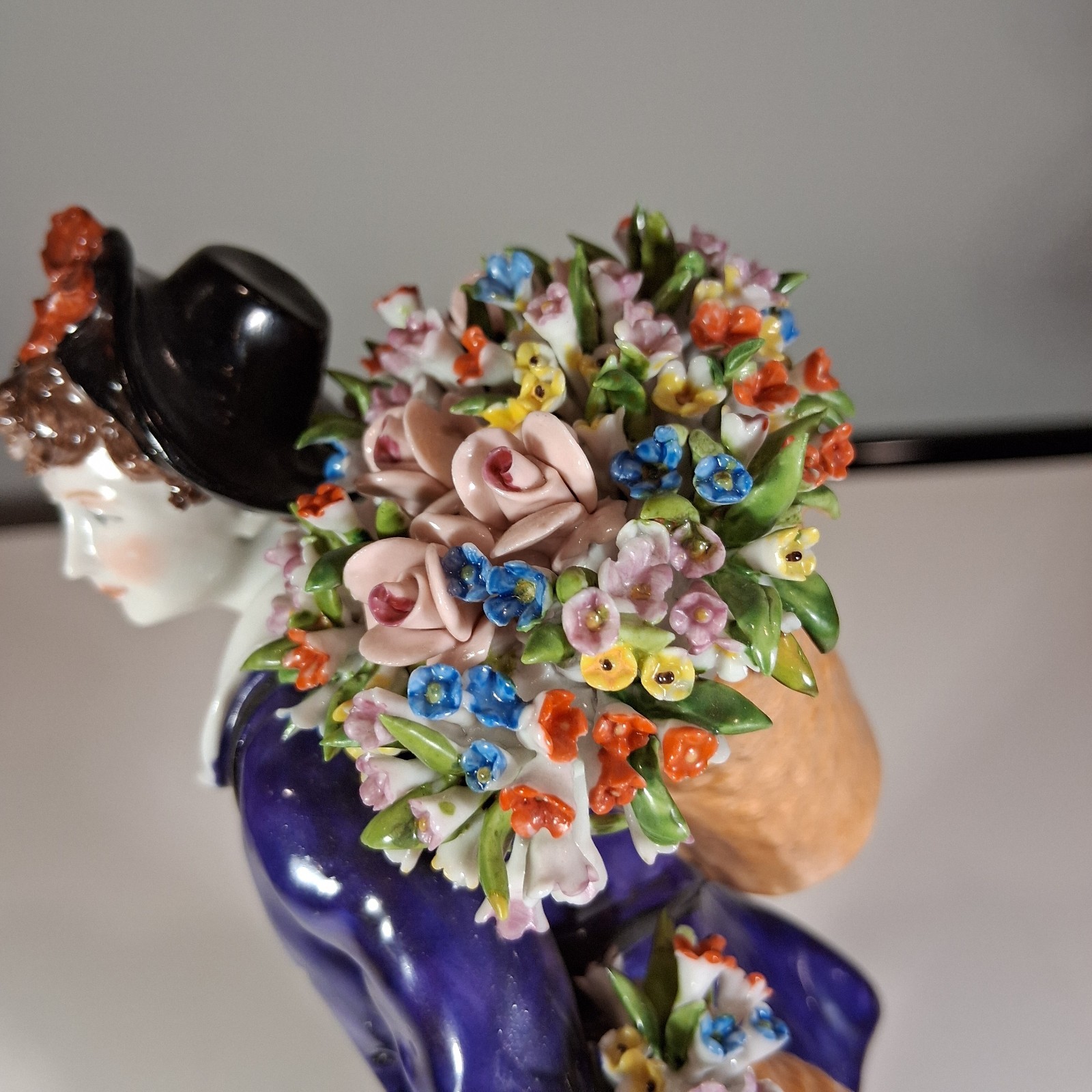 Antique Sitzendorf German Porcelain Flower Seller Figurine – Blue Crown over “S”