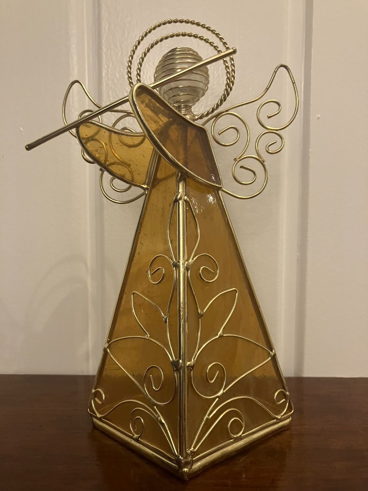 Yellow Gold Vintage Stained Glass Flute Playing Angel 8″ tall X5 1/2″ in length