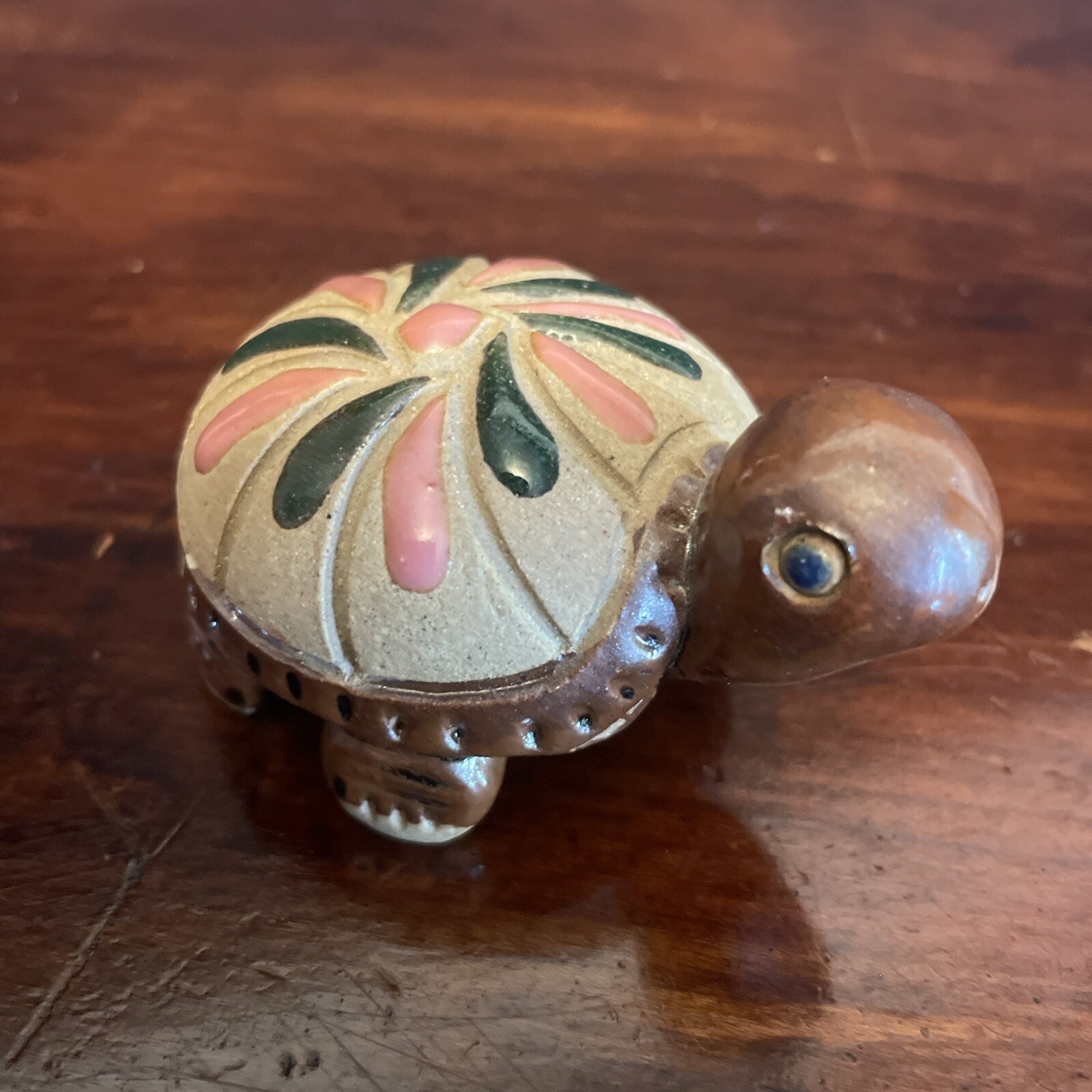 Small Handmade Clay Glazed Shell Pottery Turtle Figurine Brown Green Pink Cute