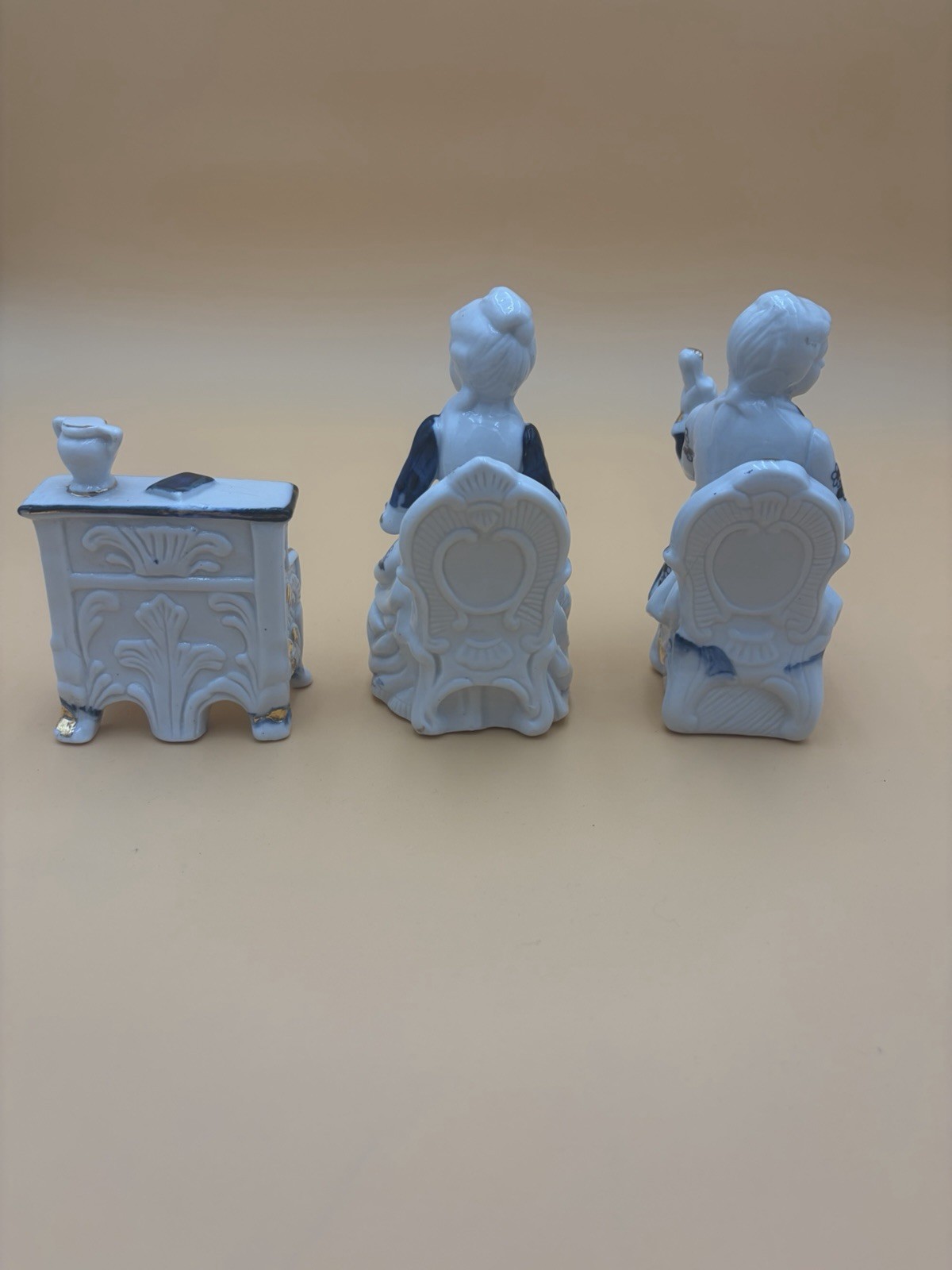 Victorian 3 Piece Musician VTG Figurine Cobalt Blue and White Porcelain