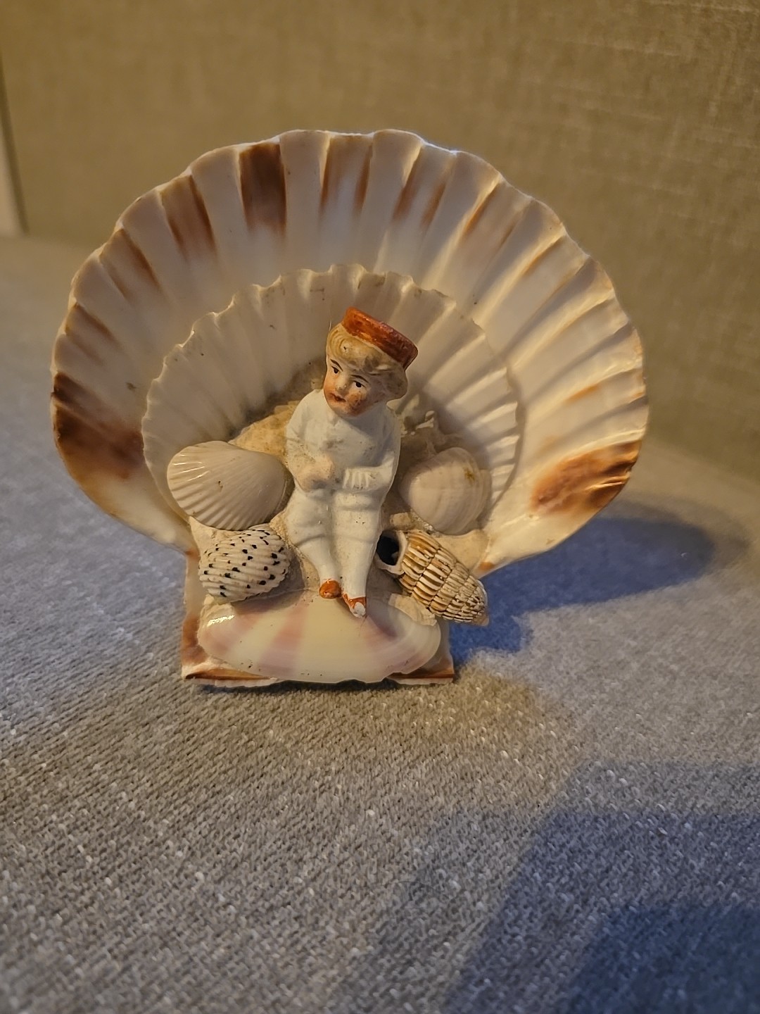 Antique souvenir Shell art with Bisque Porcelain figurine Of Boy