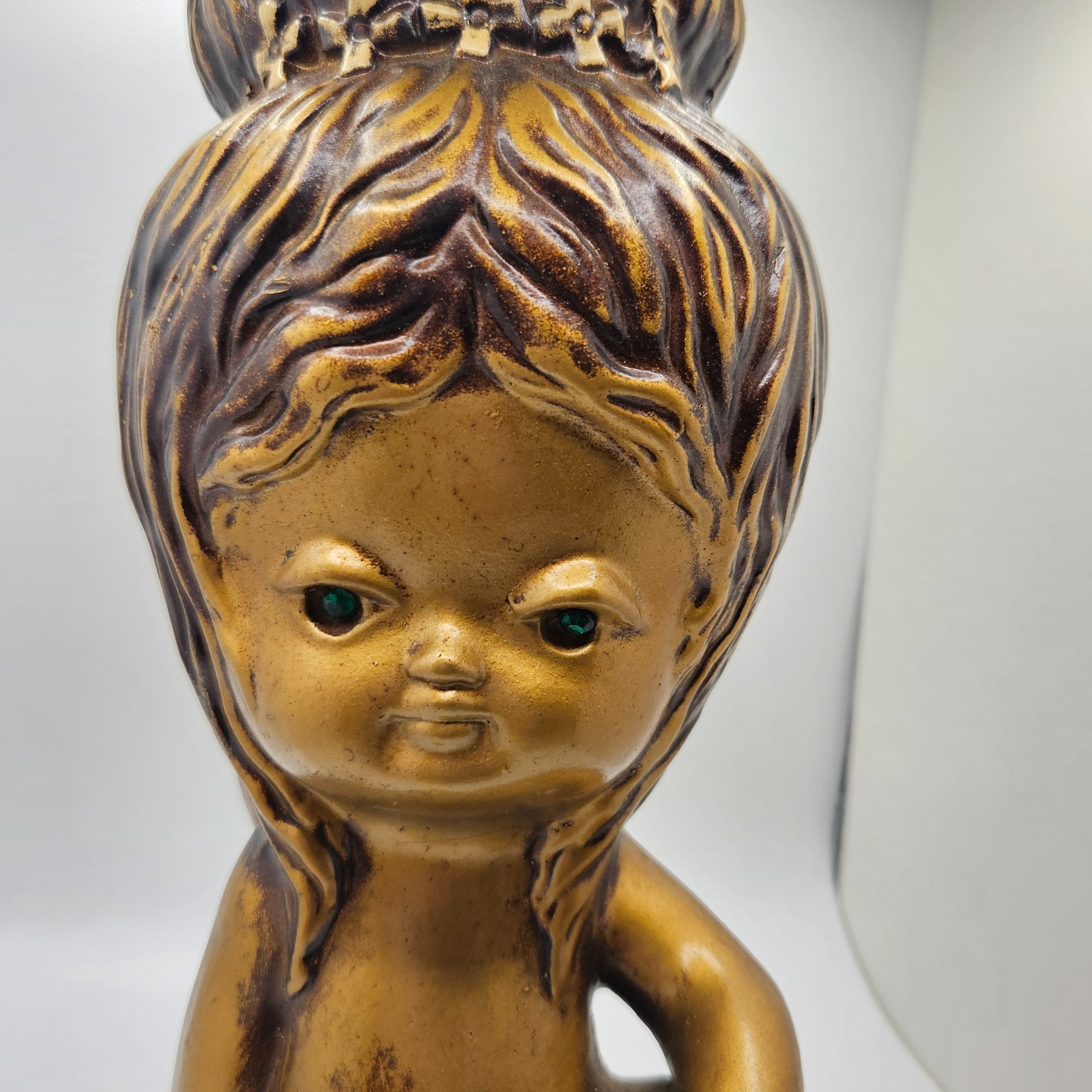 Vintage MCM Japan Angel Cherub Figurine Gold Brown Ceramic Green Eye Statue