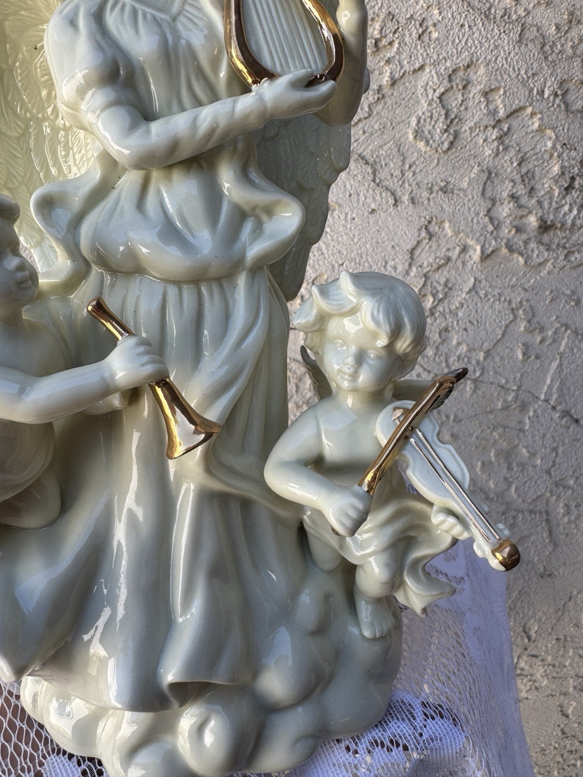 White Gold Porcelain Angel Figurine w/ Cherubs Playing Music Hand Painted