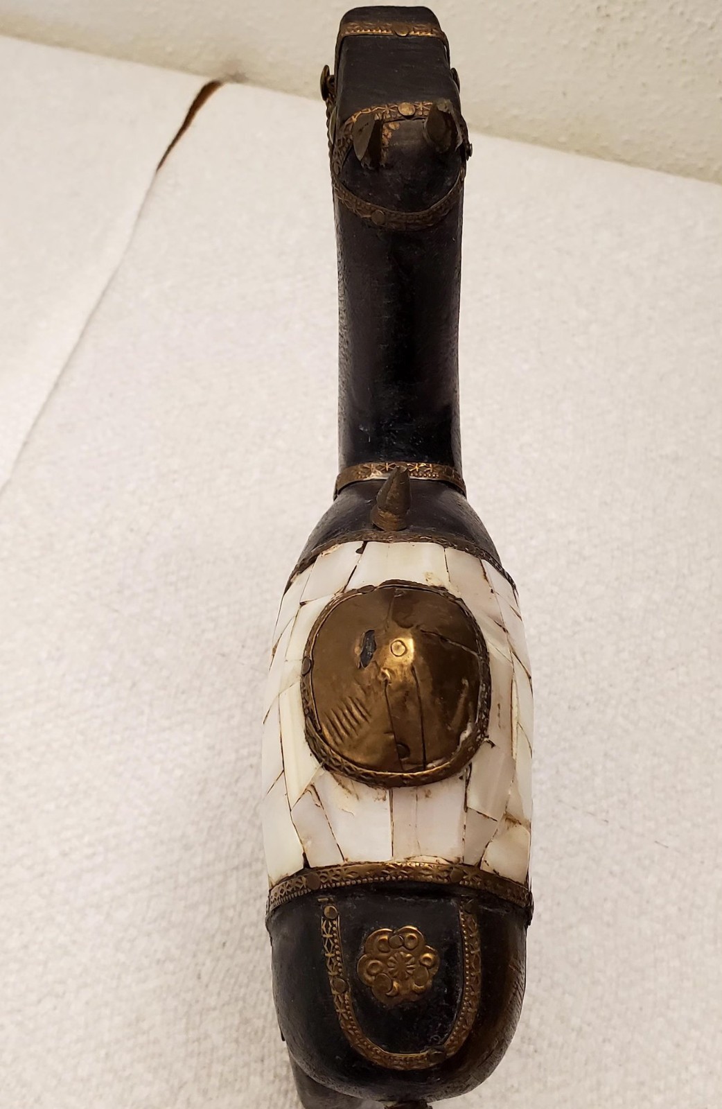Vintage Rajasthan Hand Carved Wood Camel – Mother of Pearl & Brass Inlay 8″