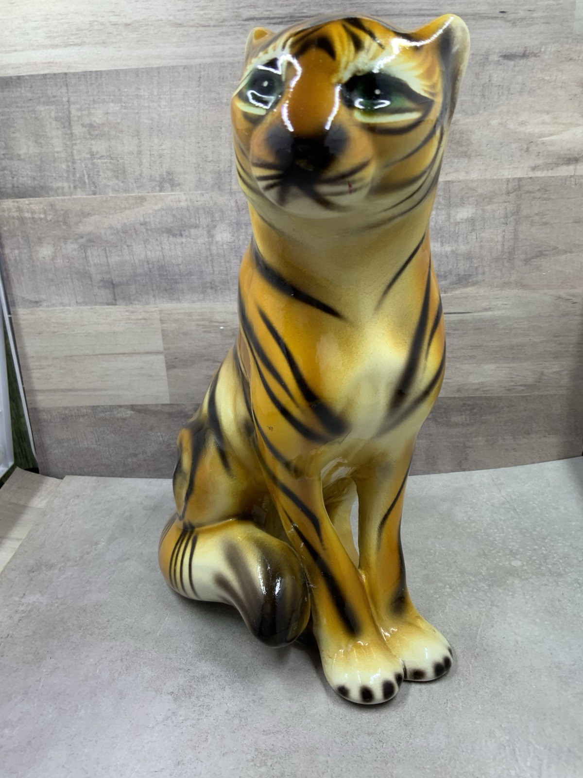 Vintage Large Seated Ceramic Tiger Statue 9.5” C.L.F Faiancas Alcobaca Portugal