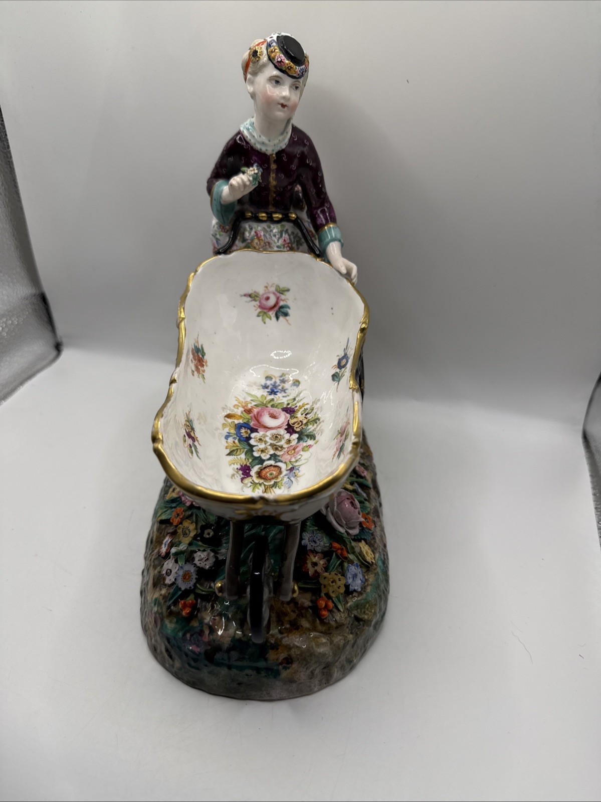 Antique 1880-90 Hand Painted Sitzendorf Porcelain Figure Flowers Wheel Barrow