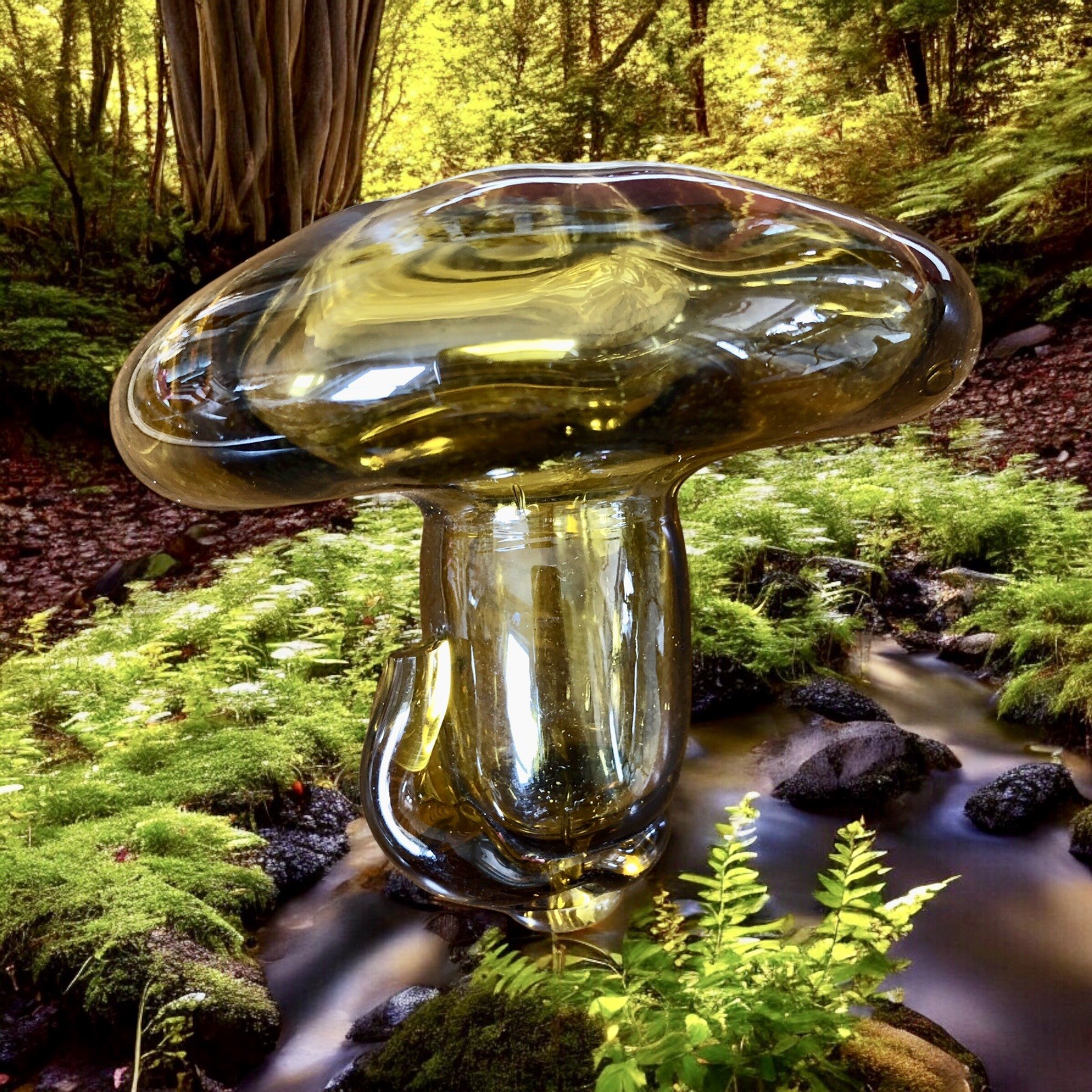 Vintage Art Glass Mushroom Toadstool Amber Blown Glass Figurine Sculpture 4”
