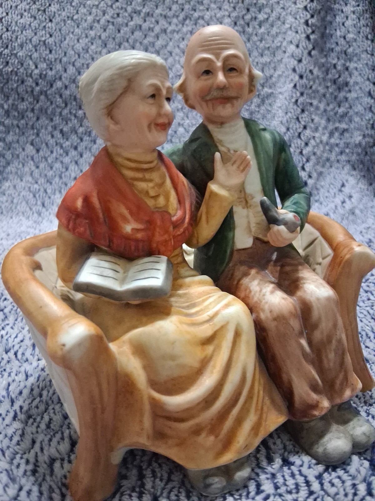 Vintage Capodimonte Old Couple Figurine Sitting on Bench Hand Painted