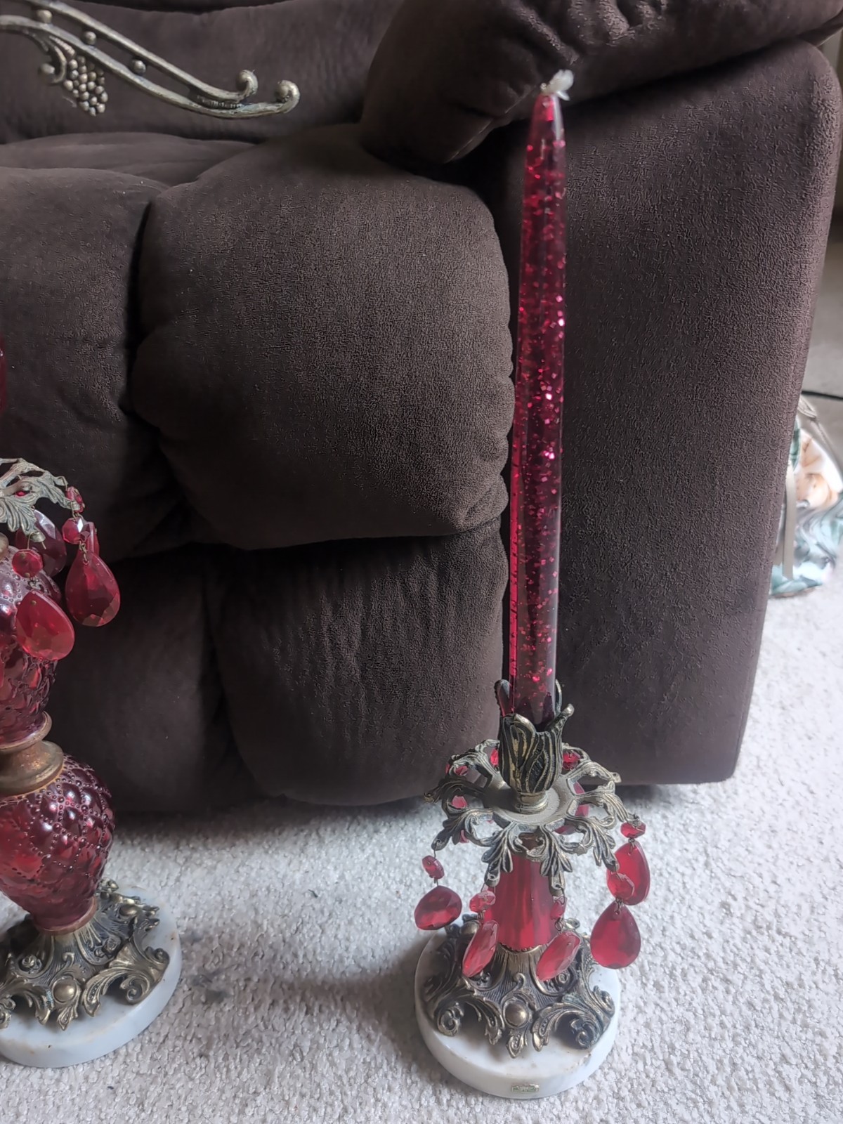Vintage Brass Scale of Justice Red Crystal Prisms Marble Base With Candle Set