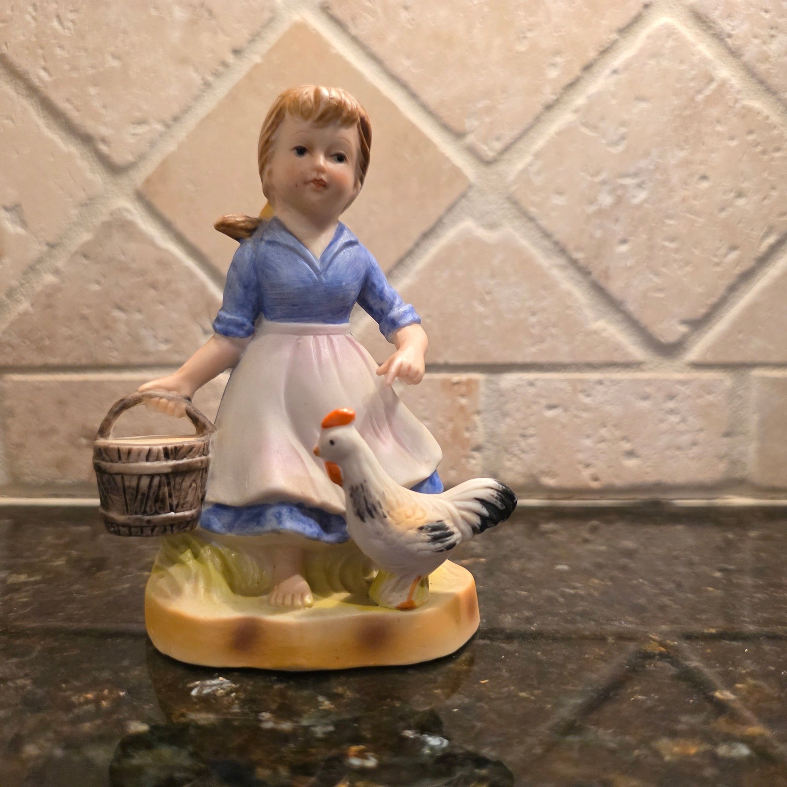 Vintage Porcelain Blond Girl Figurine Rooster Bucket Farmhouse Decor 5 Inch