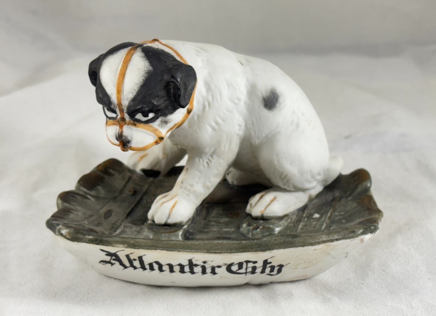 Antique German Bisque 4½” Black & White Dog Figurine Pin Dish – Atlantic City