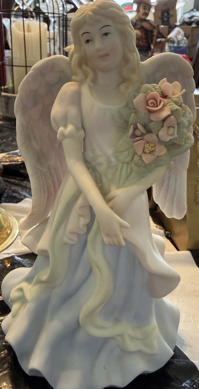 Porcelain Angel Figurine Holding Pink Rose Bouquet, Painted White Blue Green