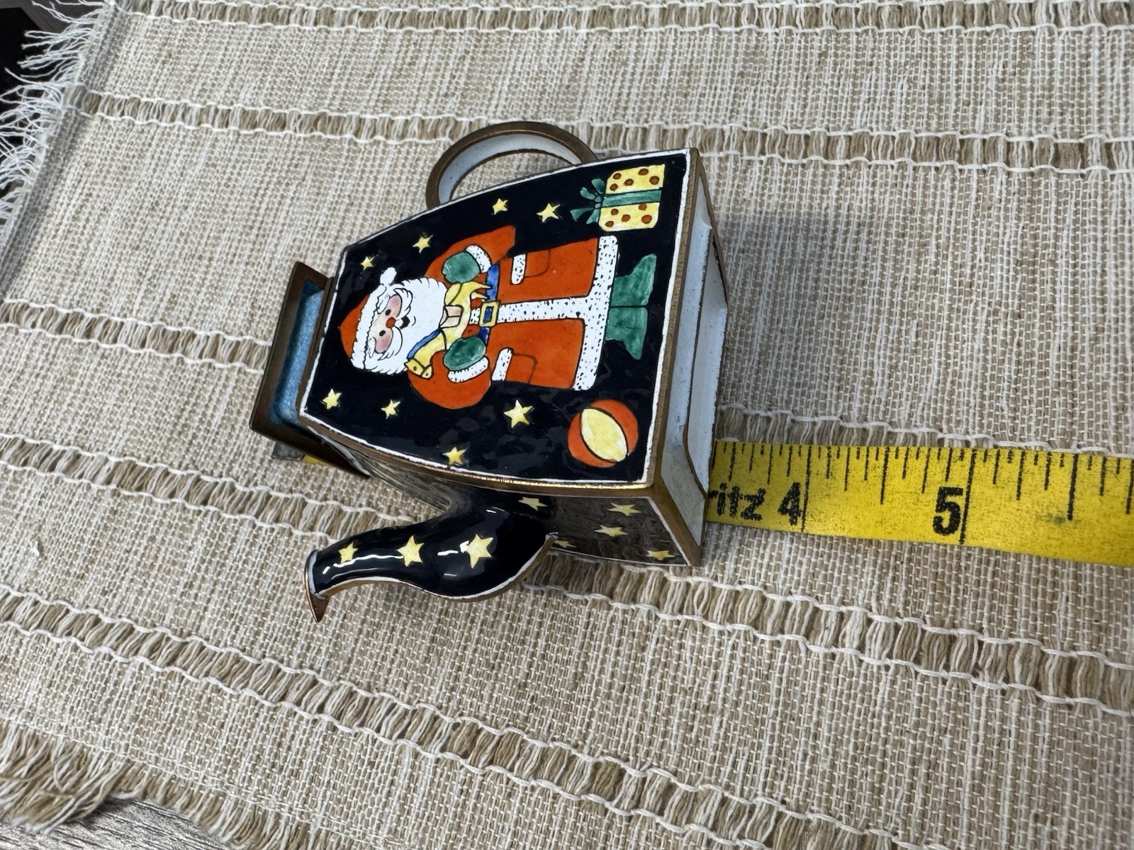 Vintage Santa Teapot Kelvin Chen Hand Painted Enamel Brass Christmas Stars