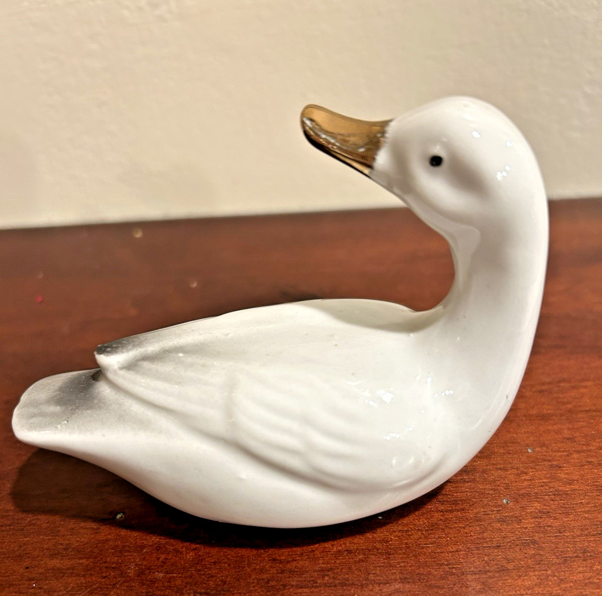 Set Of 3 Porcelain White Ducks with Gold Beaks & Black Accent Feathers-Vintage
