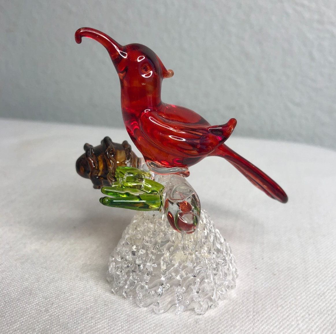 Crystal Bird Figurine Purched on a Branch Colors Red, Green, Purple & White