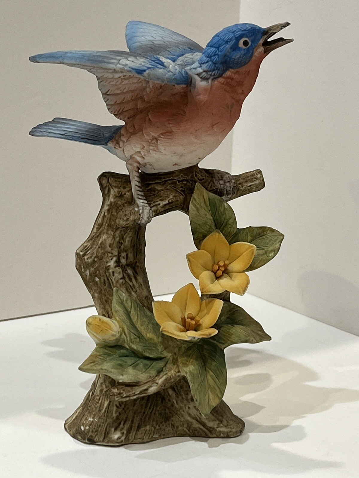Lefton Hand Painted Bluebird Figurine On A Flowered Branch #7020 Excellent Condi