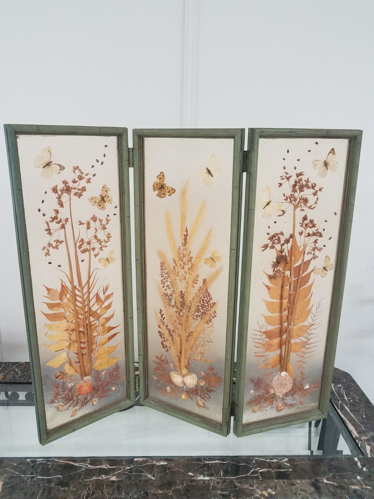 Vintage Pressed Resin Butterflies Flowers Plants Signed Table Top Triptych 3D