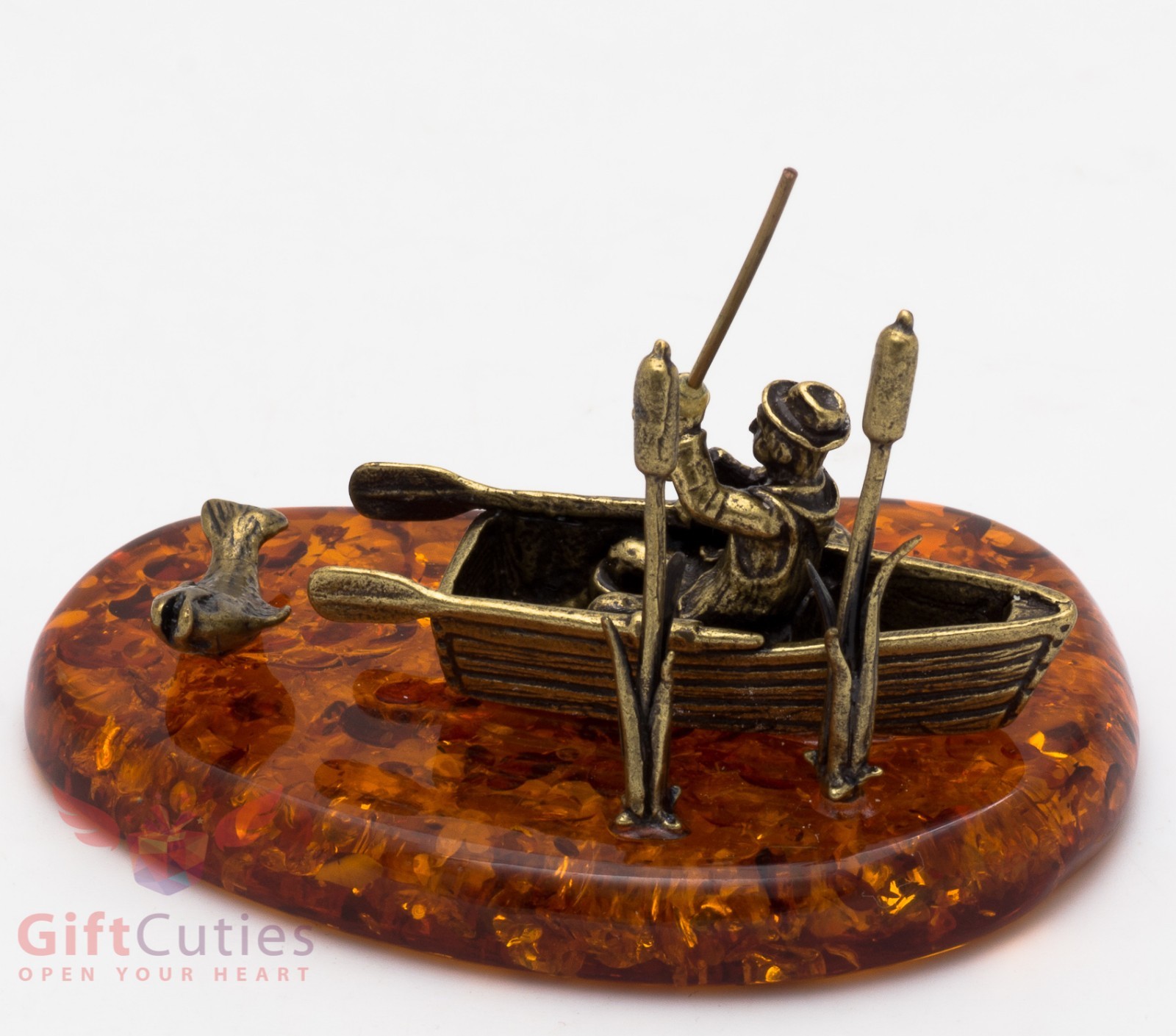 Solid Brass Amber Figurine Fisherman in boat Fishing on the lake IronWork