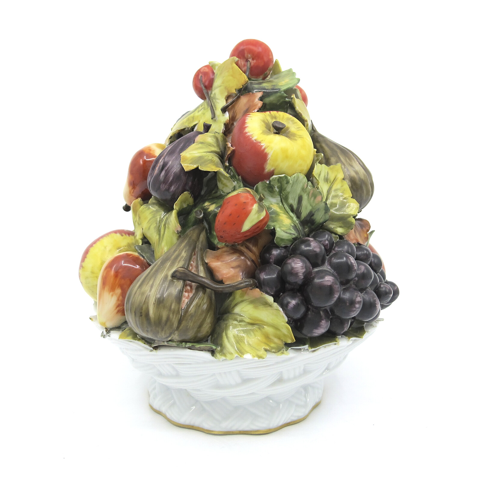 Italian Porcelain TROMPE L’OEIL Fruit Basket Bowl Still Life Figs Apples Grapes