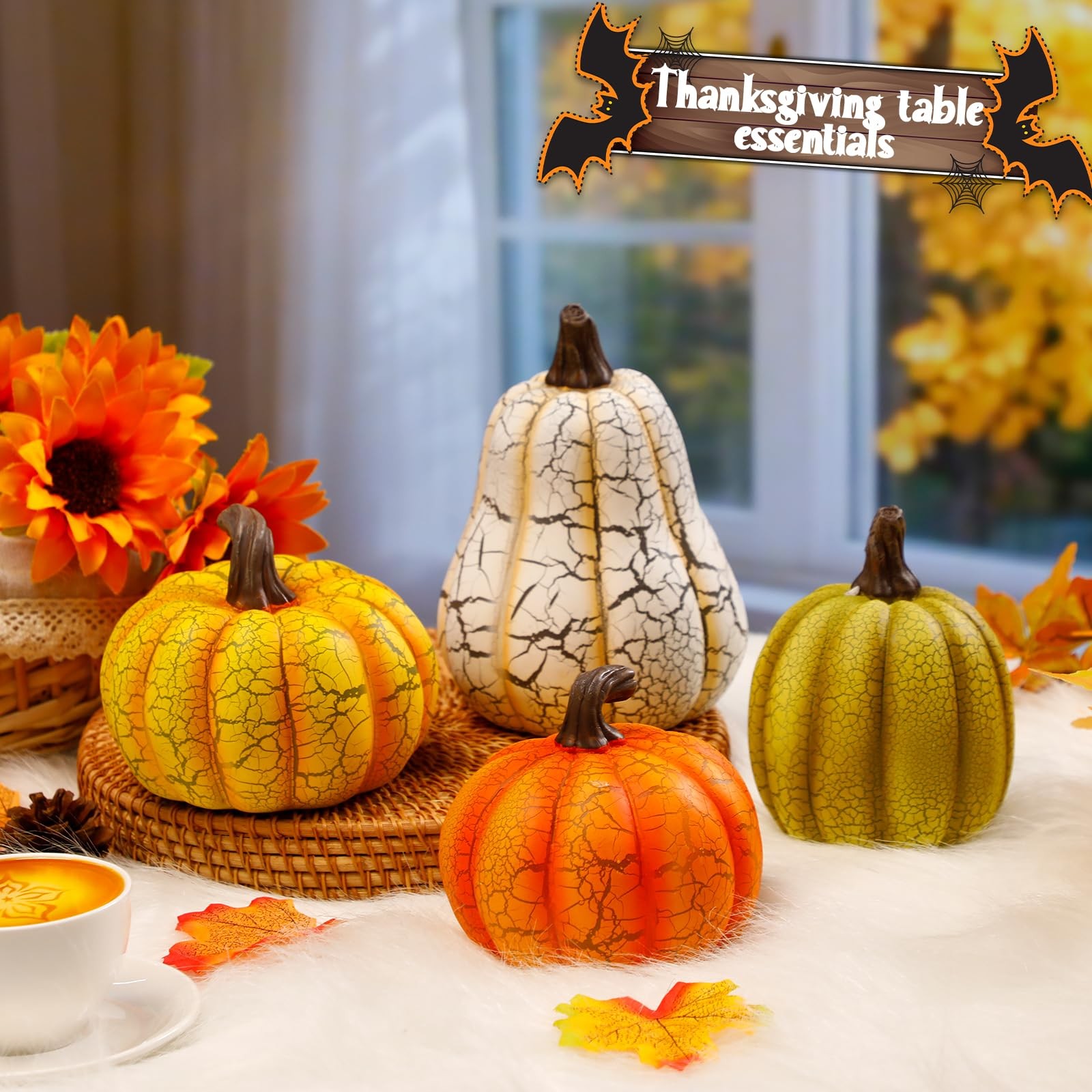4 PCS 6.7 Inch Fall Resin Pumpkin Table Decor Cracked Halloween Figurine