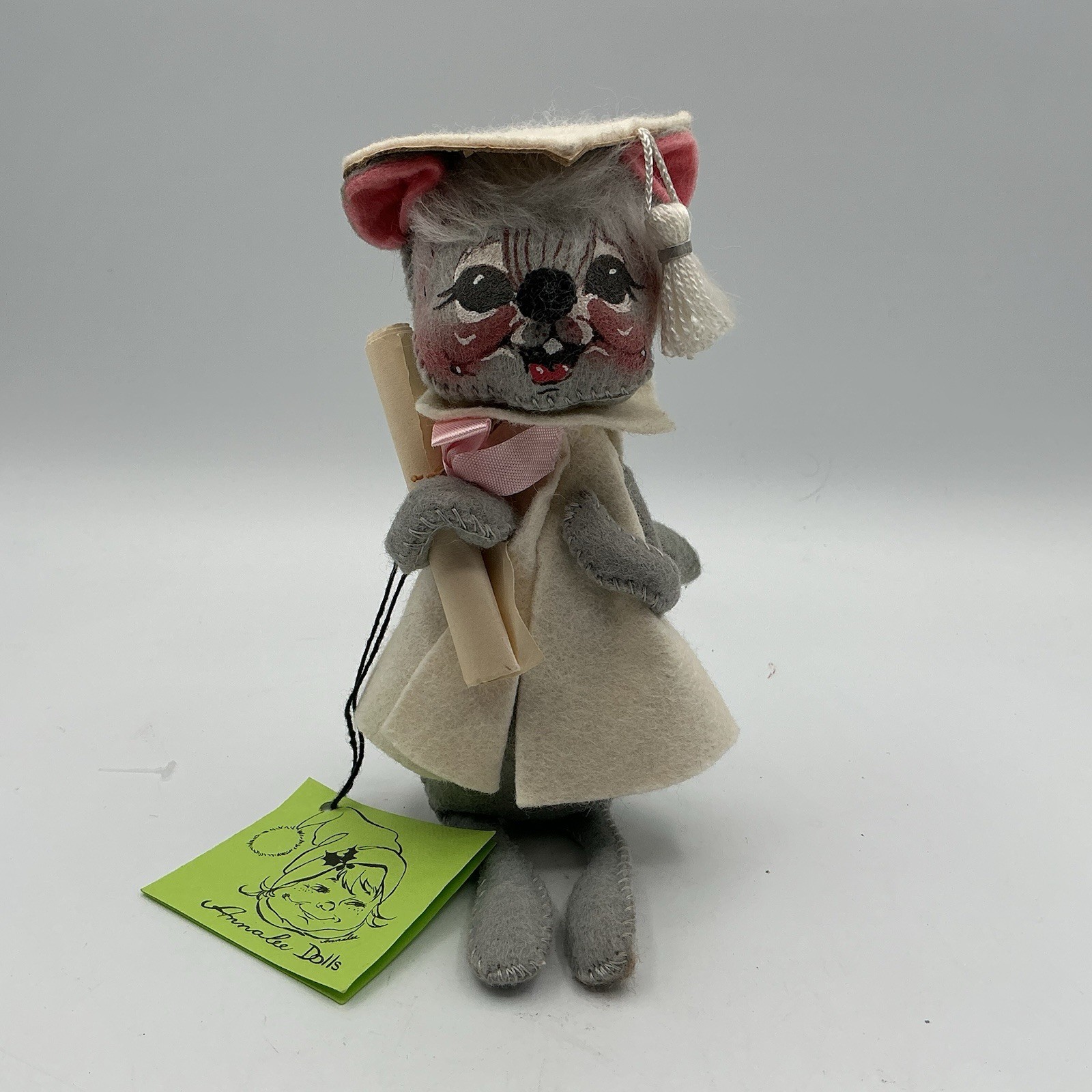 Vintage Annalee Graduation Mouse 6” Grey Felt 1960’sUSA Made with tag gift grad