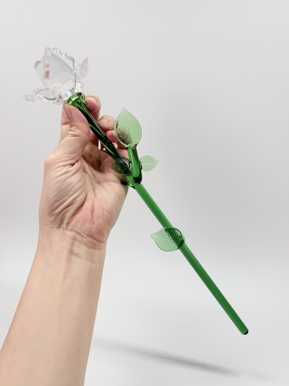 Cut Crystal Clear Glass Rose Long Stem Green Leaves 13” Long