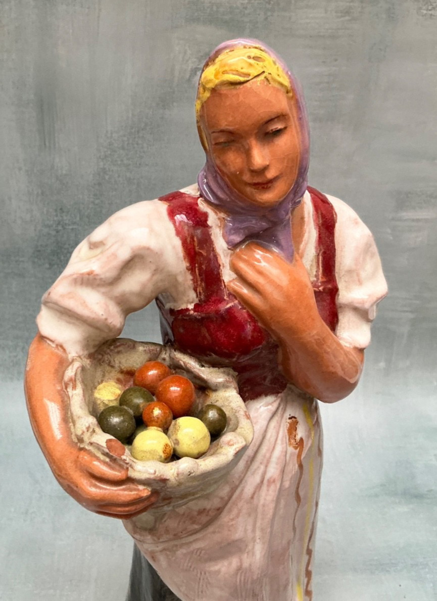 Keramik Austria Hand Painted Woman WIth Fruit Basket Sculpture Figurine 13 1/2”