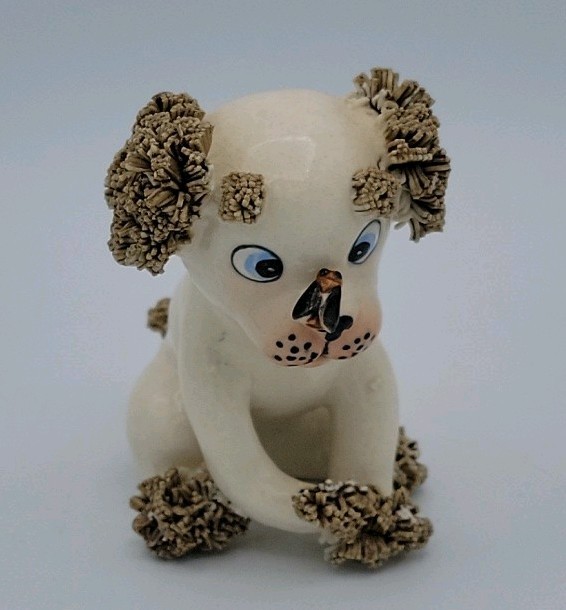 Vintage Lefton Dog Puppy Figurine W Fly Bug Spaghetti Trim Japan 1950s Crazing