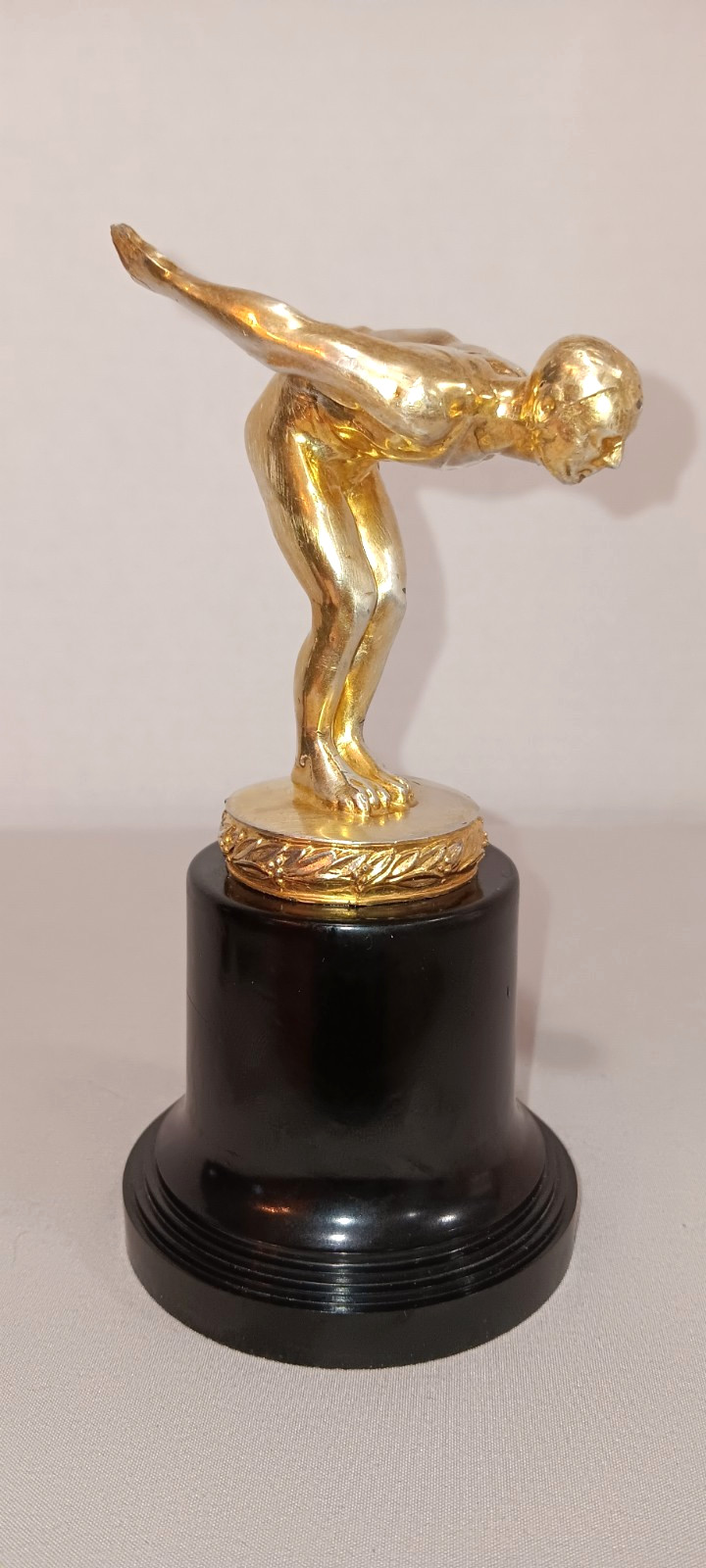 Vintage Male Swimmer Diver Trophy Art Deco Gold Tone Figurine Black Base 1950s
