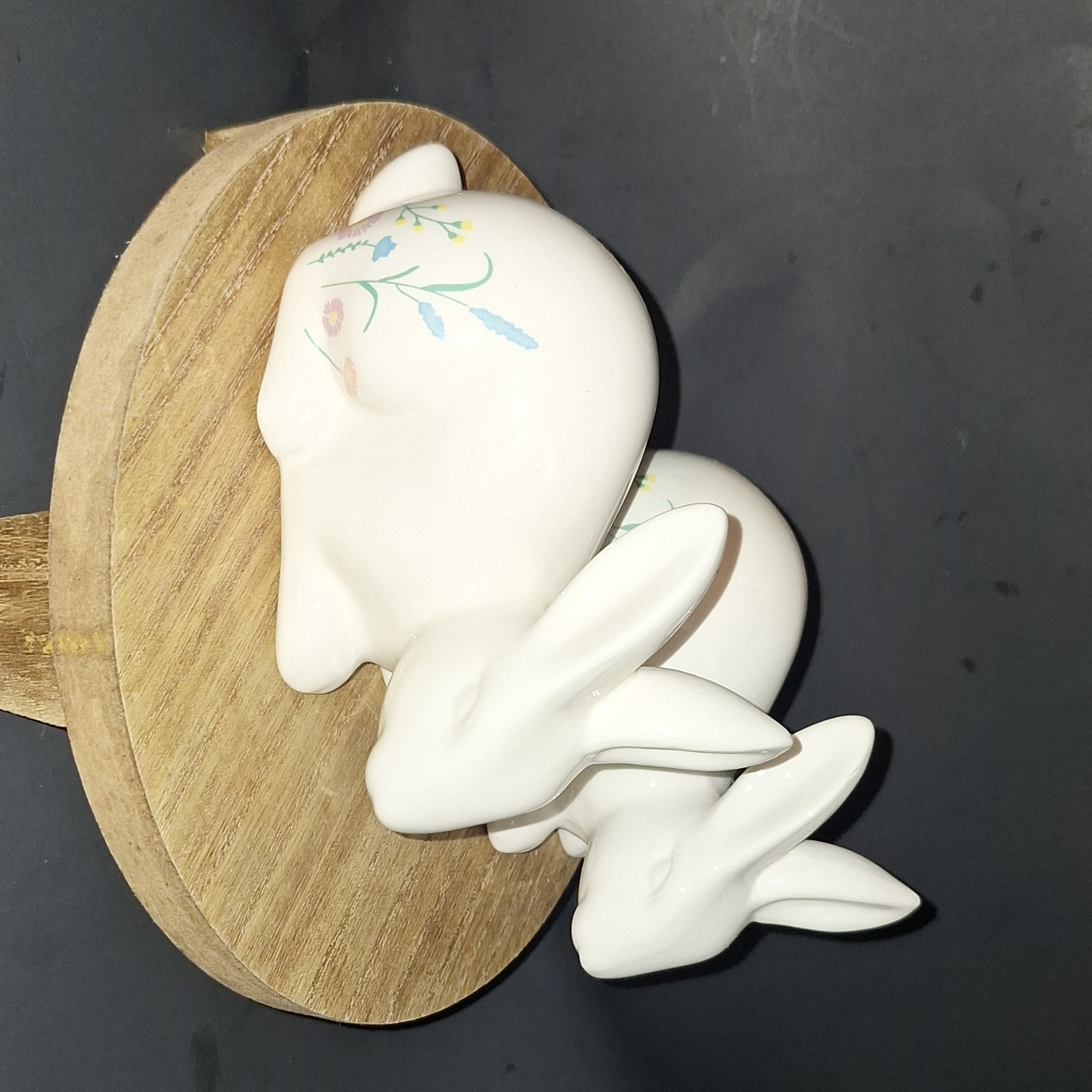 Ceramic Rabbit Figurine Hand Painted Floral Glossy White Blue Pink Yellow