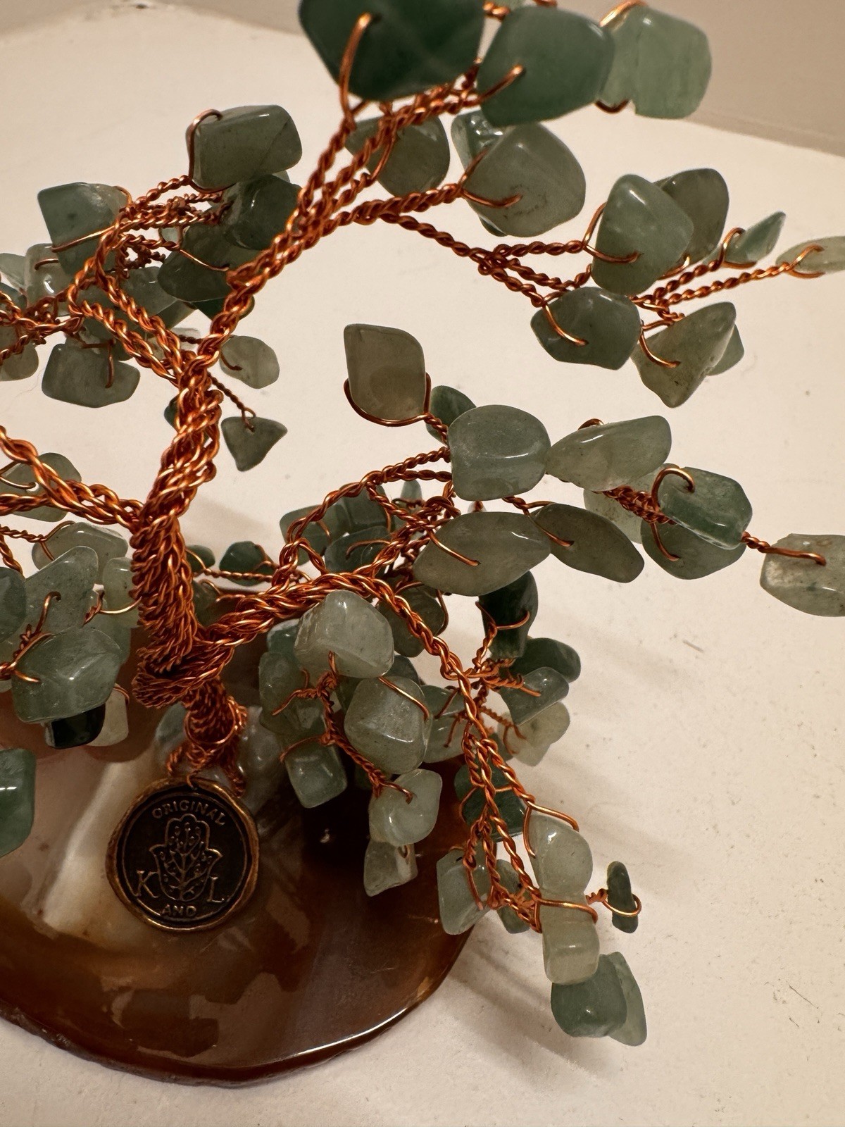 KDI Copper Wire Green Gemstone Tree Sculpture, Polished Stone Base