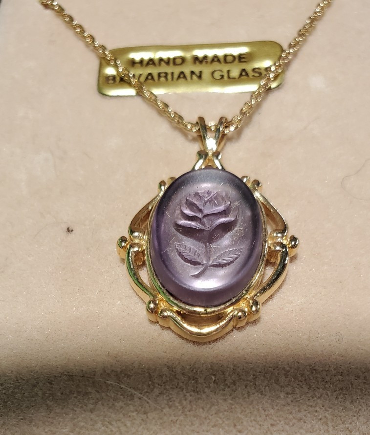 Hallmark Little Gallery Necklace With Etched Lilac Rose Bavarian Glass