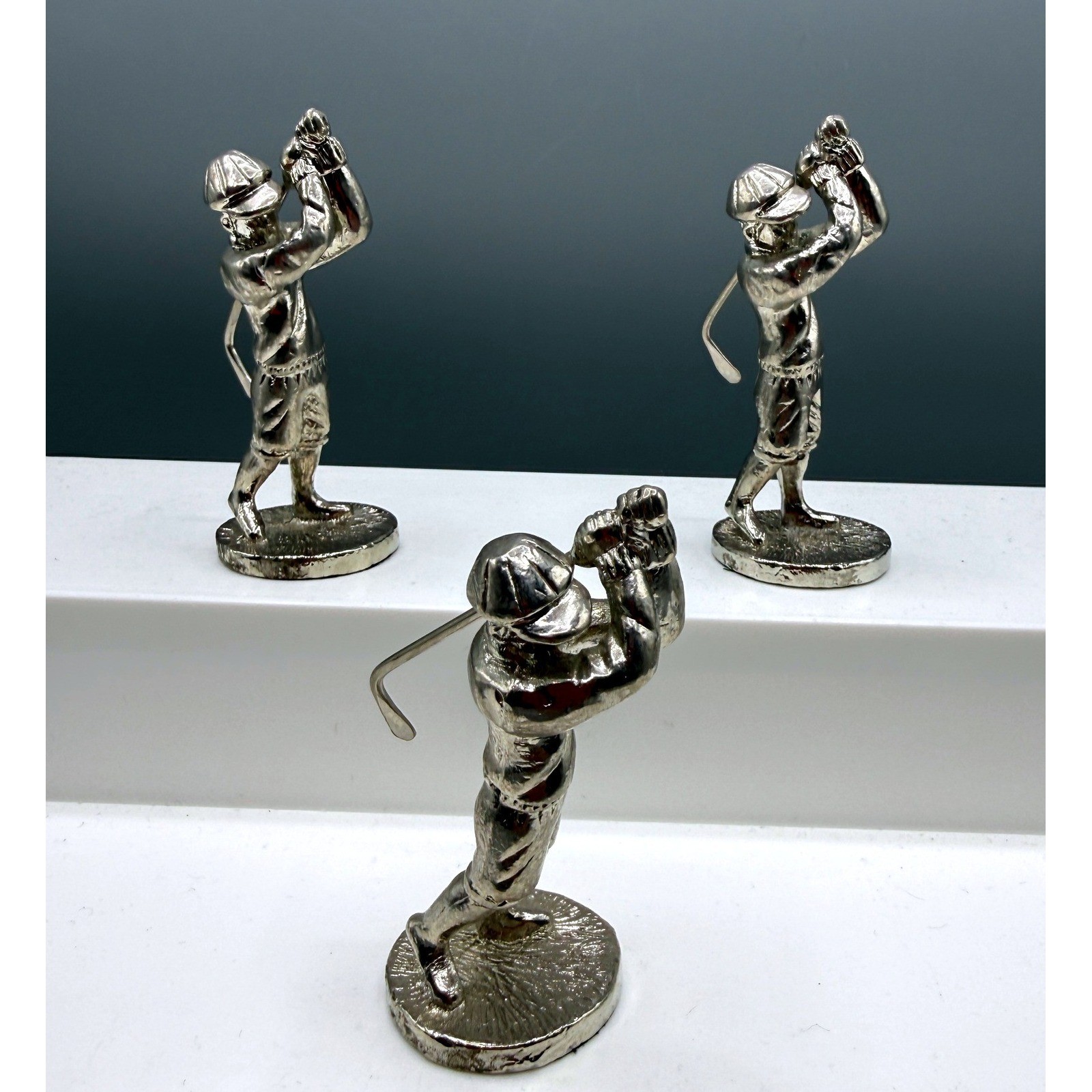Vintage Style Silver Metal Miniature Golfer Figurines Set of 3 Paper weights 3″