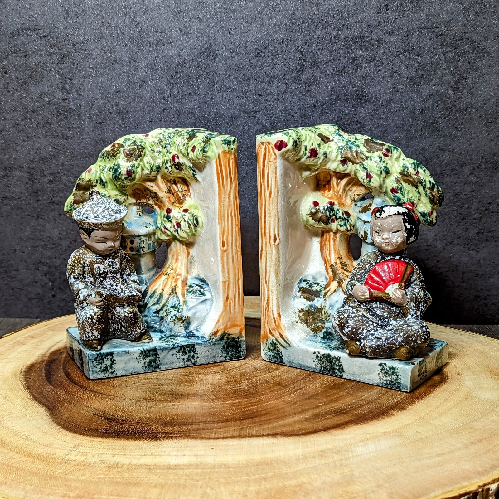 Vintage Oriental Asian Japan Tilso Boy Girl Tree Bookends See Paint Loss