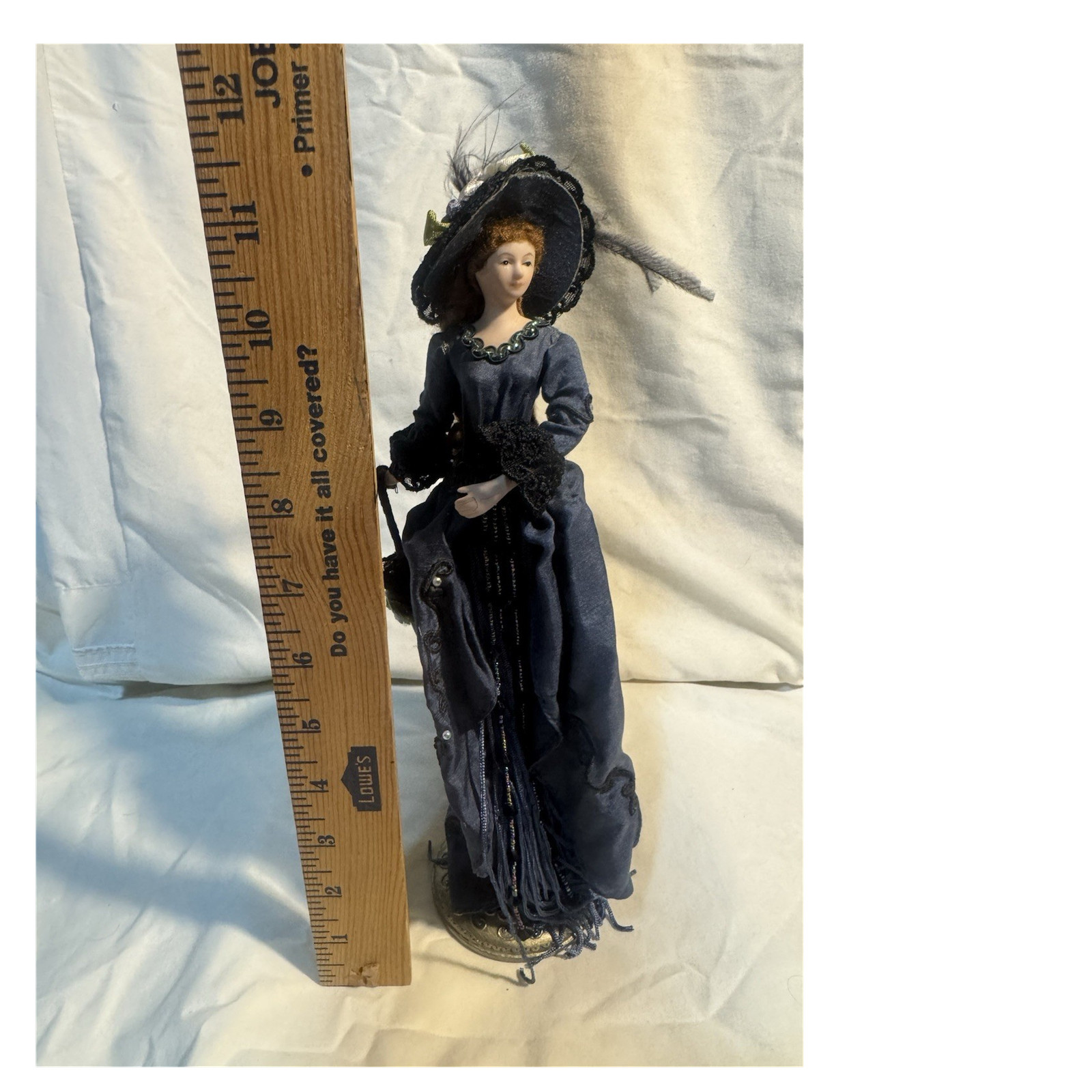 Victorian Woman Porcelain Fabric Figurine Dark Blue Black 12 Inch Collectible
