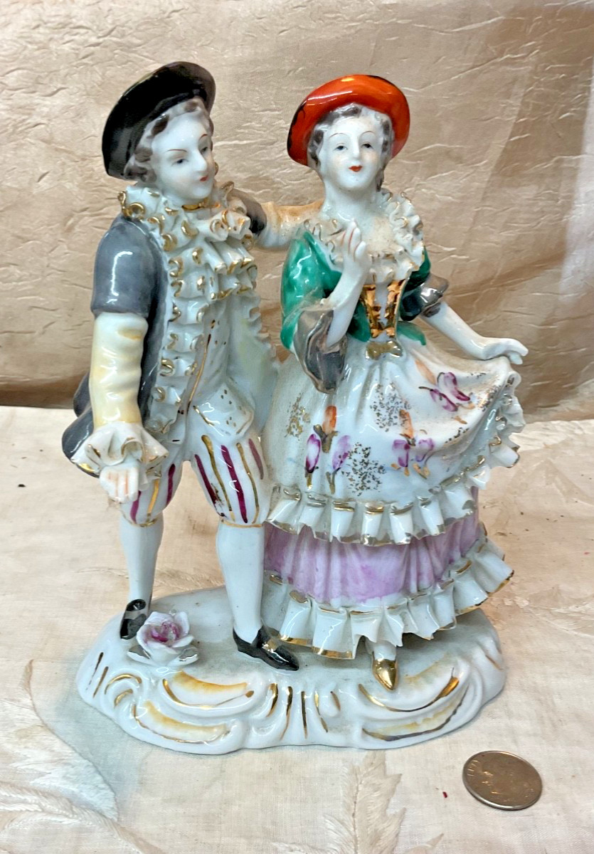 Antique Wales Bone China Porcelain Figurine Courting 18th Century Couple