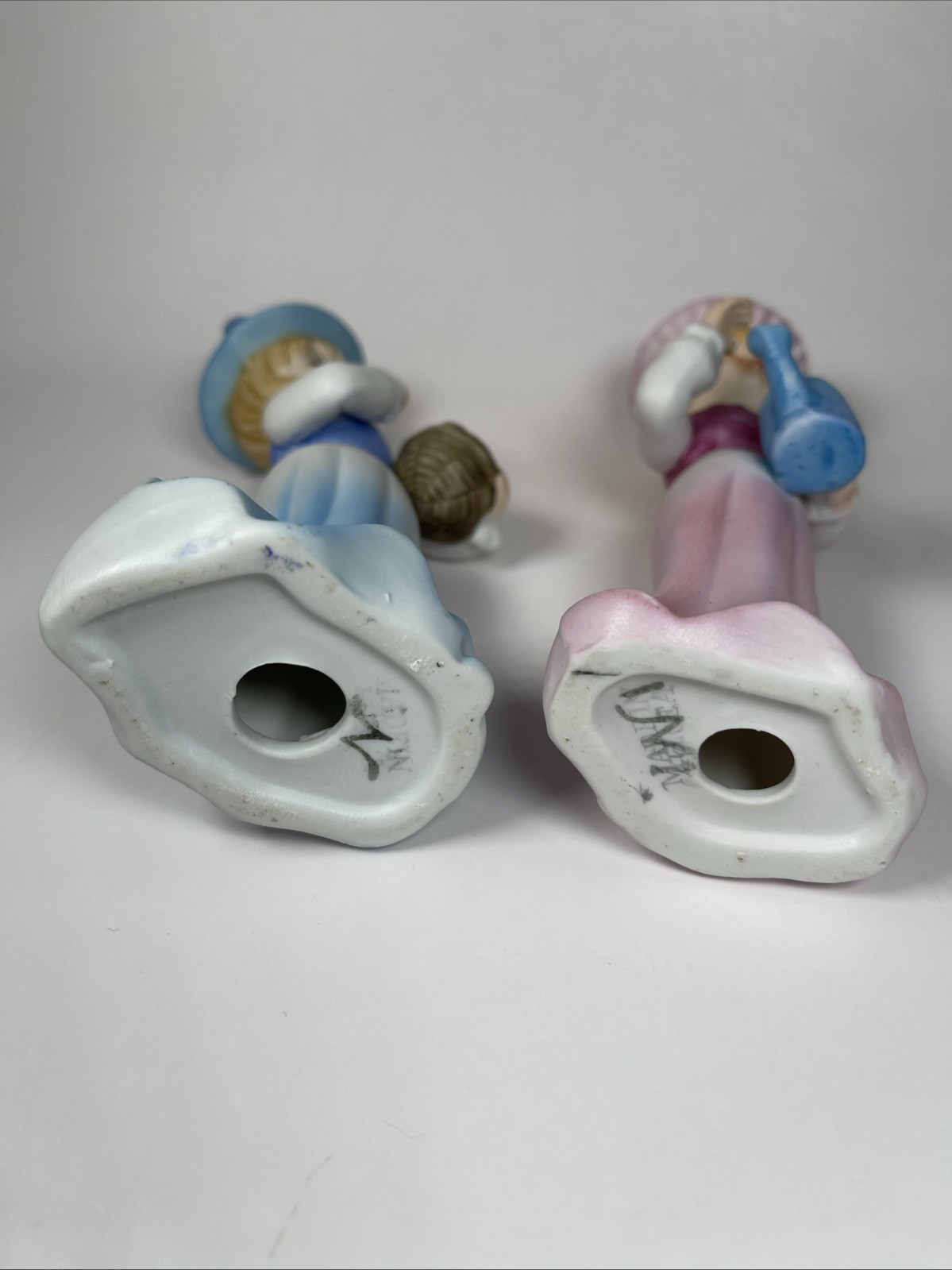 Vtg Sisters Pink Blue Porcelain Girl Figurines Flower Basket Watering Can Pair
