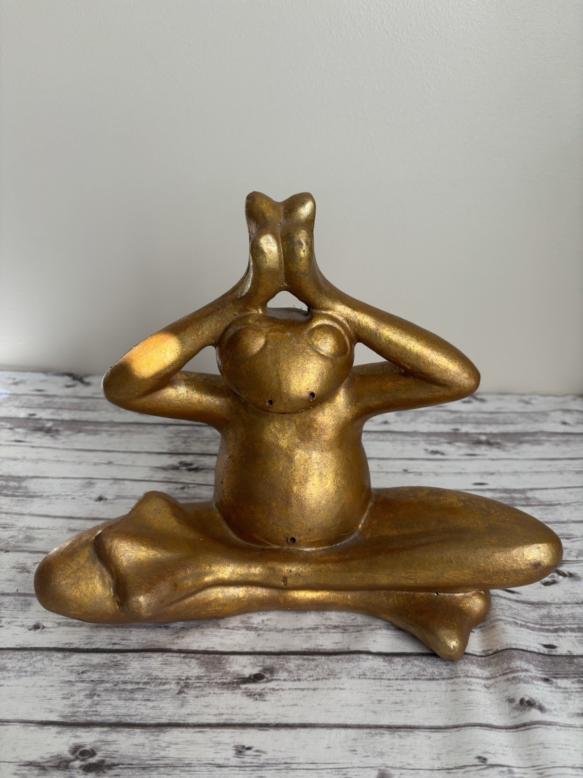 Pier 1 Gold Yoga Frog Statue Figure Zen 10×11” Heavy Garden Decor