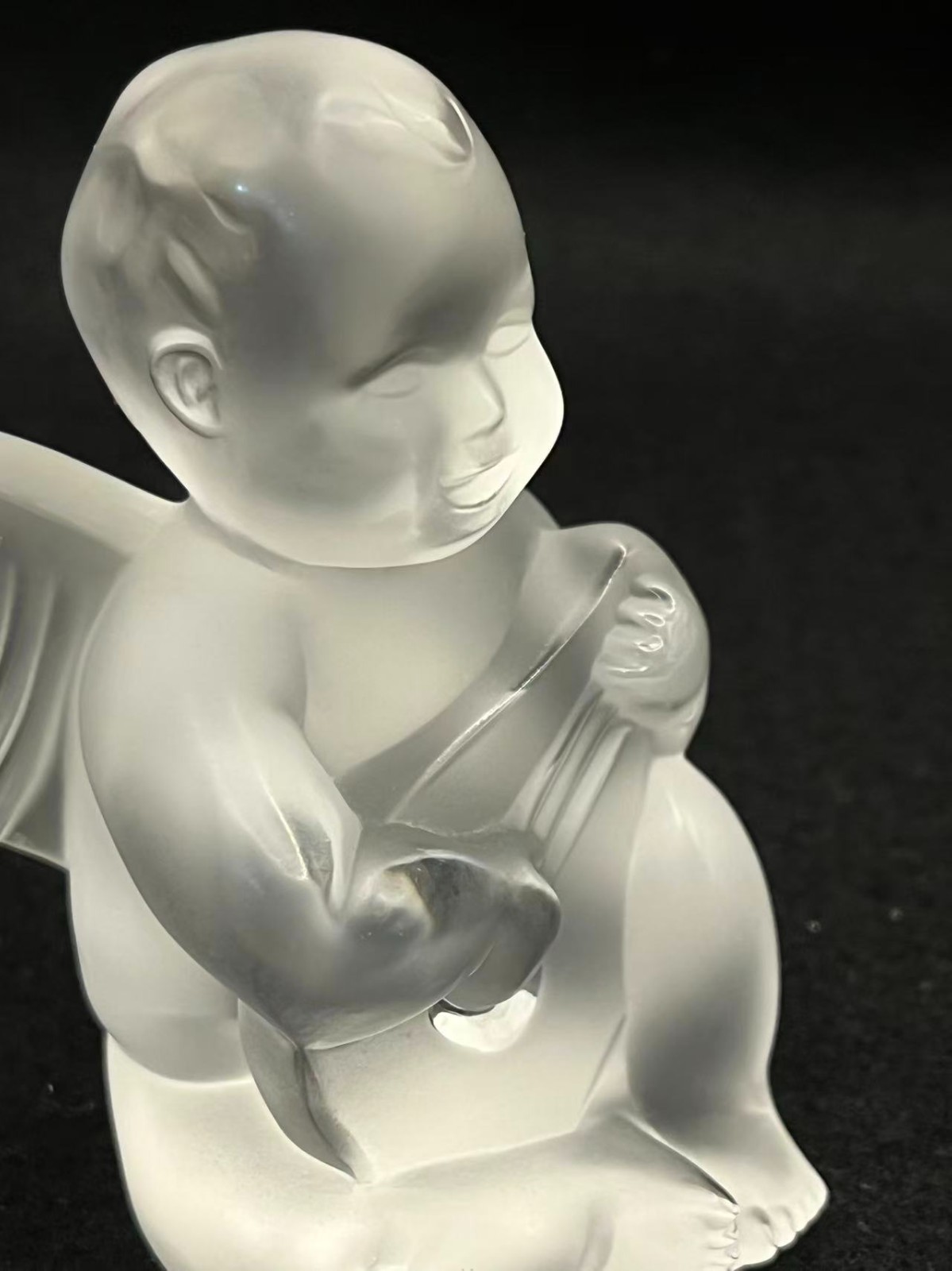 Lalique France Frosted Crystal Cherub Playing Mandolin Figurine 3.2in Tall
