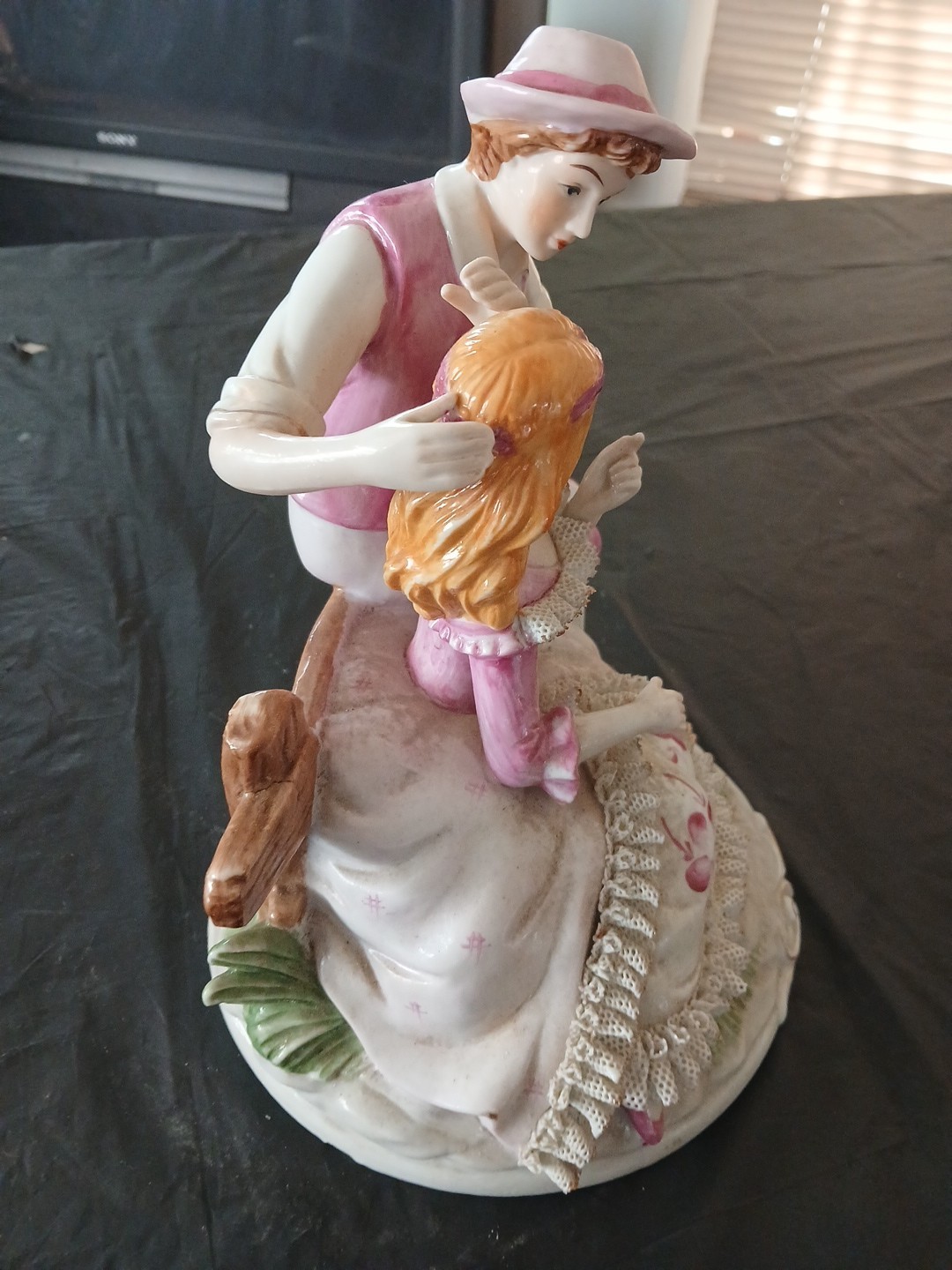 Porcelain Hand Painted Victorian Couple Wear Purple W/Golden Edge Lace Figurine