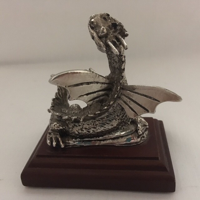 Fantasy Metal Dragon Figure on Wooden Base Decorative Collectable