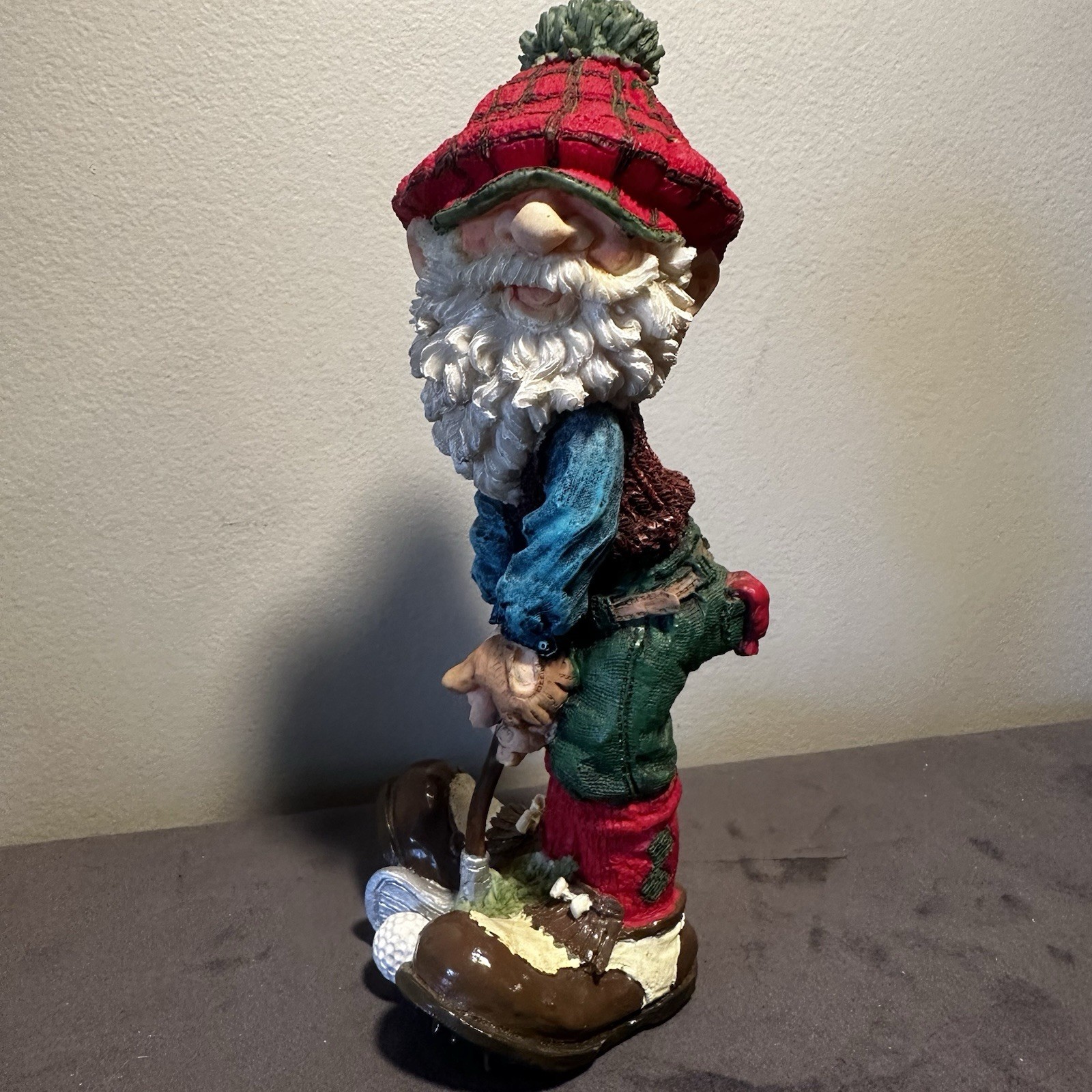 Santa Old Man Gnome Golfer Polyresin Figure Tartan Plaid Whimsical Cleated Shoes