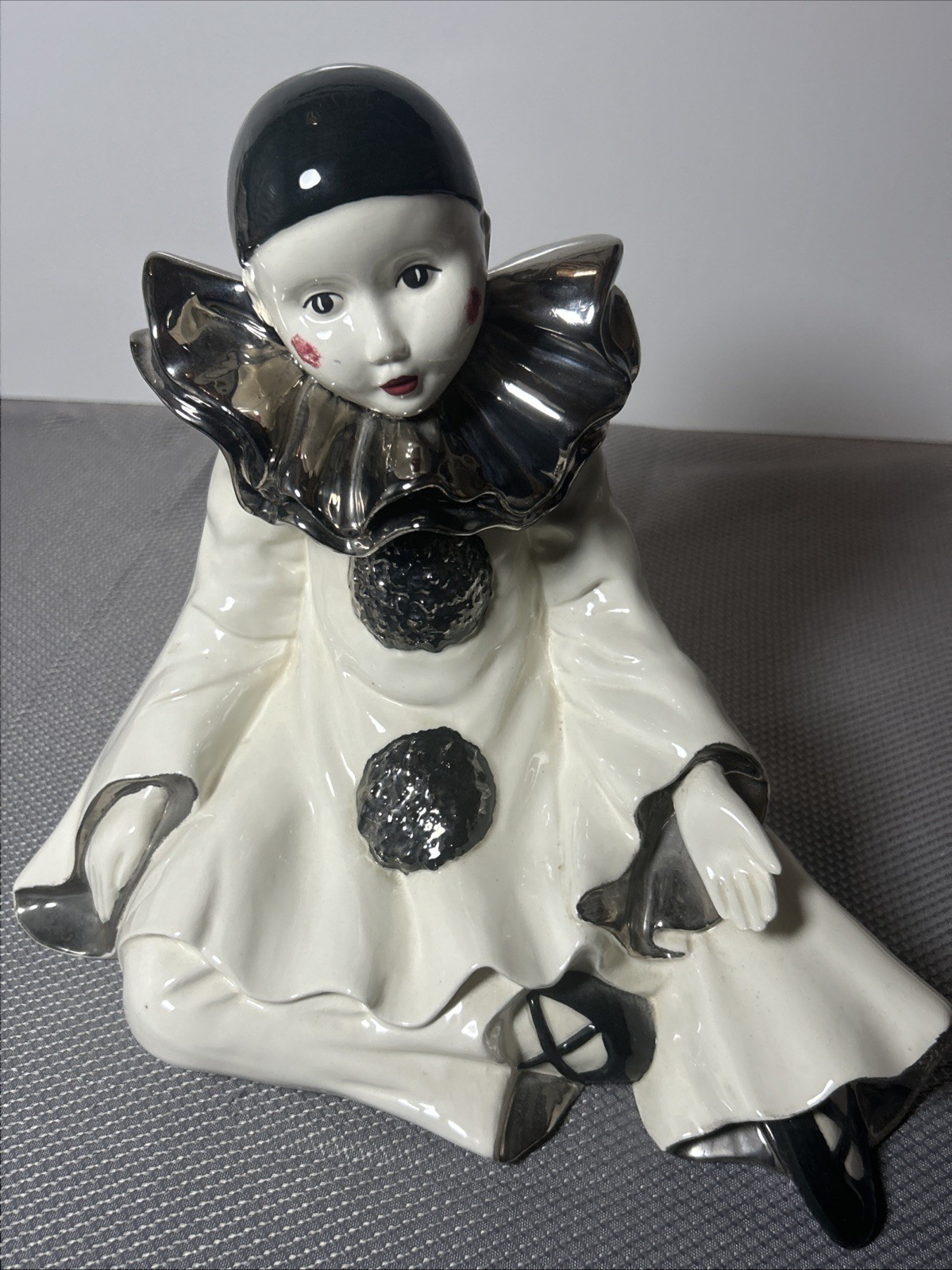 Vintage Pierrot Clown Figurine Black White Ceramic Silver Ruffle Collar Seated