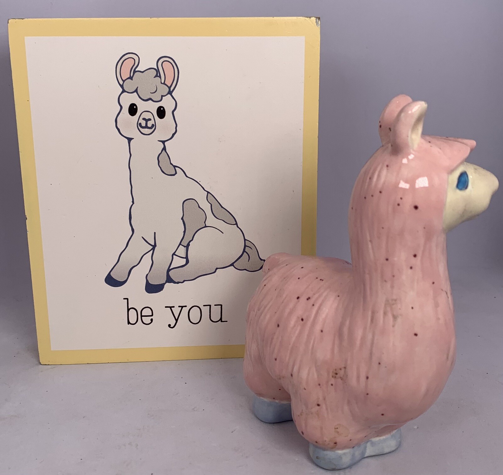 Llama Ceramic Figurine Pink 5 Inches Tall & Llama Plaque 6×6