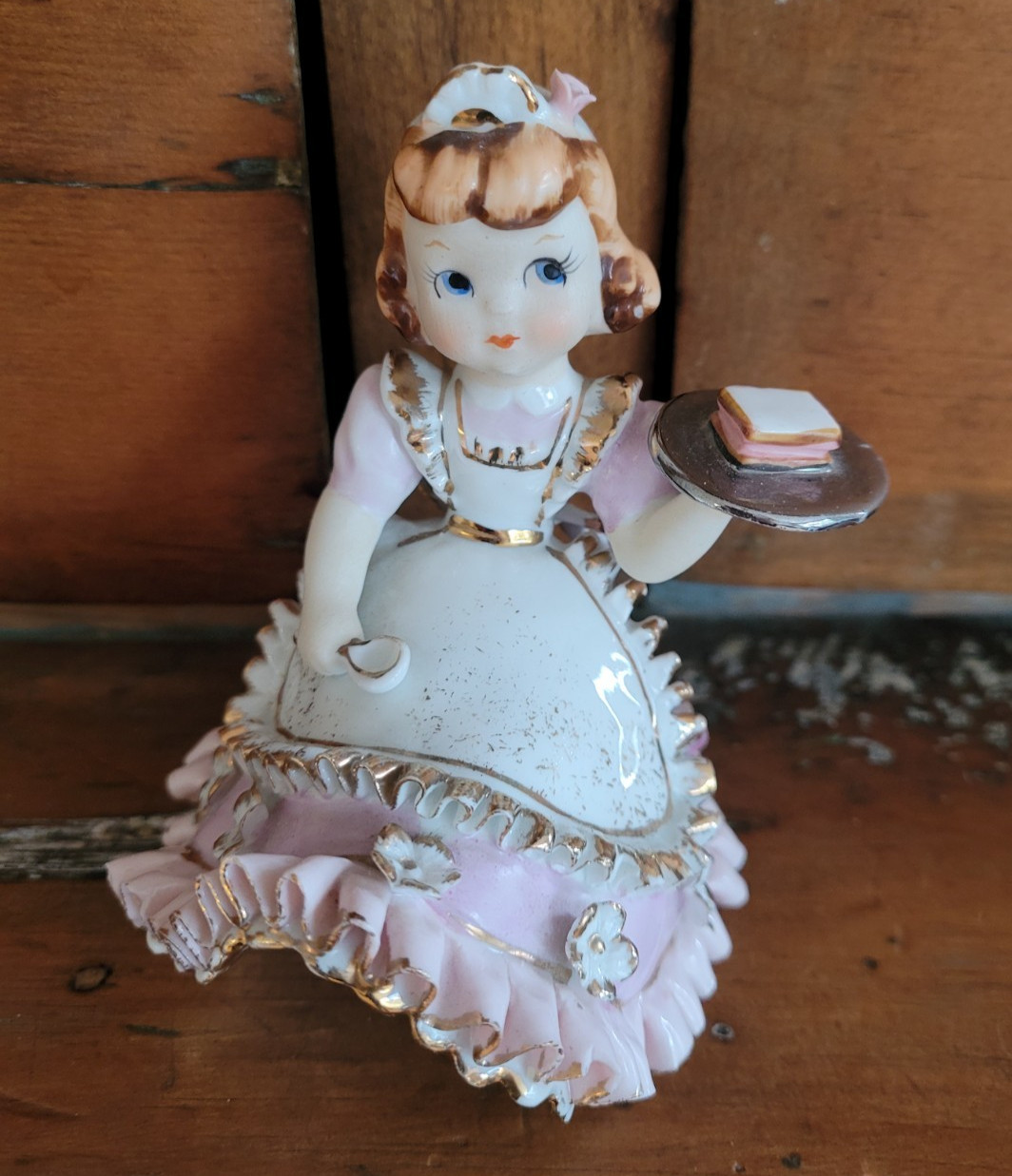 Vintage Lefton Waitress Bloomer Girl Figurine Gold Trim 1950’s Rare