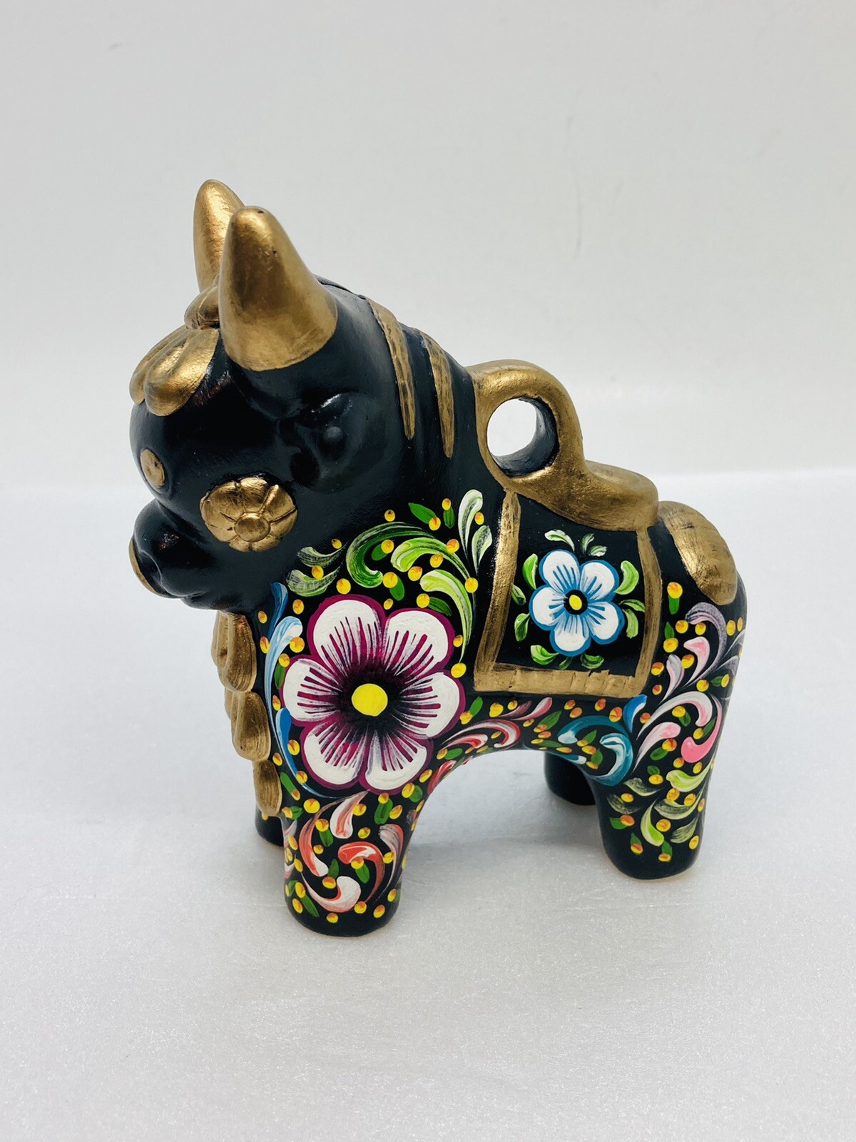 Rare 1970s Chile Pucara Bull Piggy Bank Hand Painted Gold Floral Blessing Luck 6