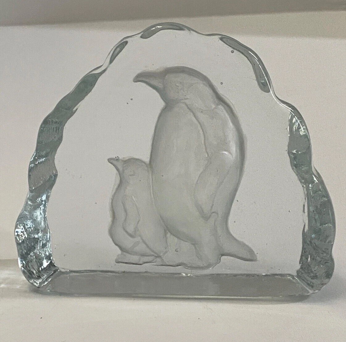 Lead Crystal Penguin Paperweight Family Sculpture Engraved Etched Relief Frosted