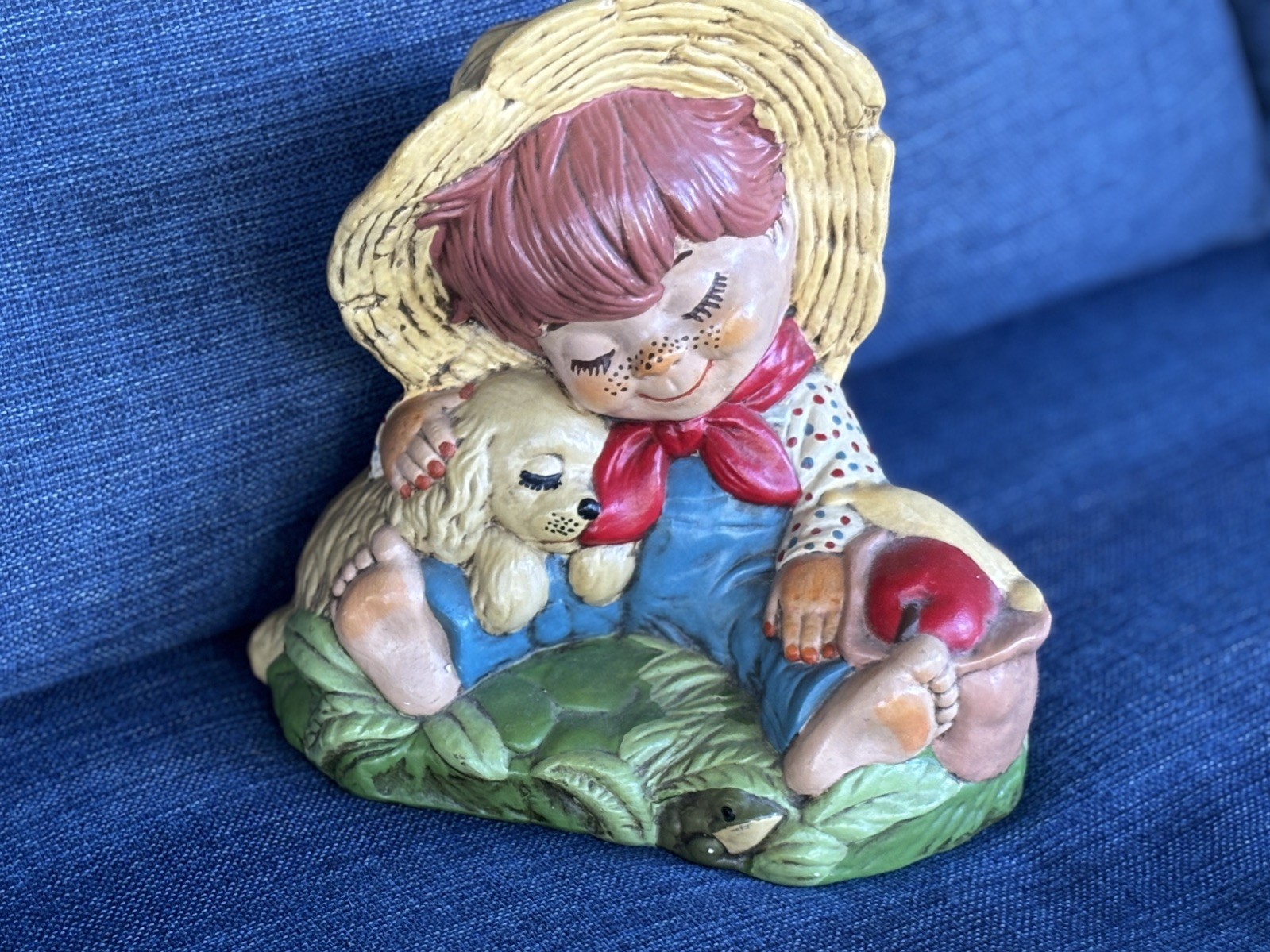 Vtg 1973 Ceramic Barefoot Boy Straw Hat Dog Apple Ceramichrome Inc F0704