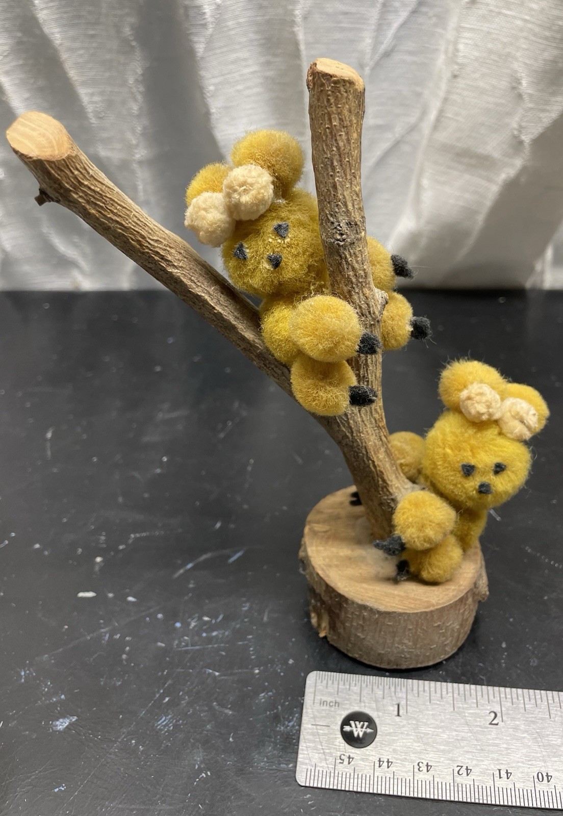 Handcrafted Miniature Animals/ Pompoms Made, Claiming a Branch, Mofy Rabbit