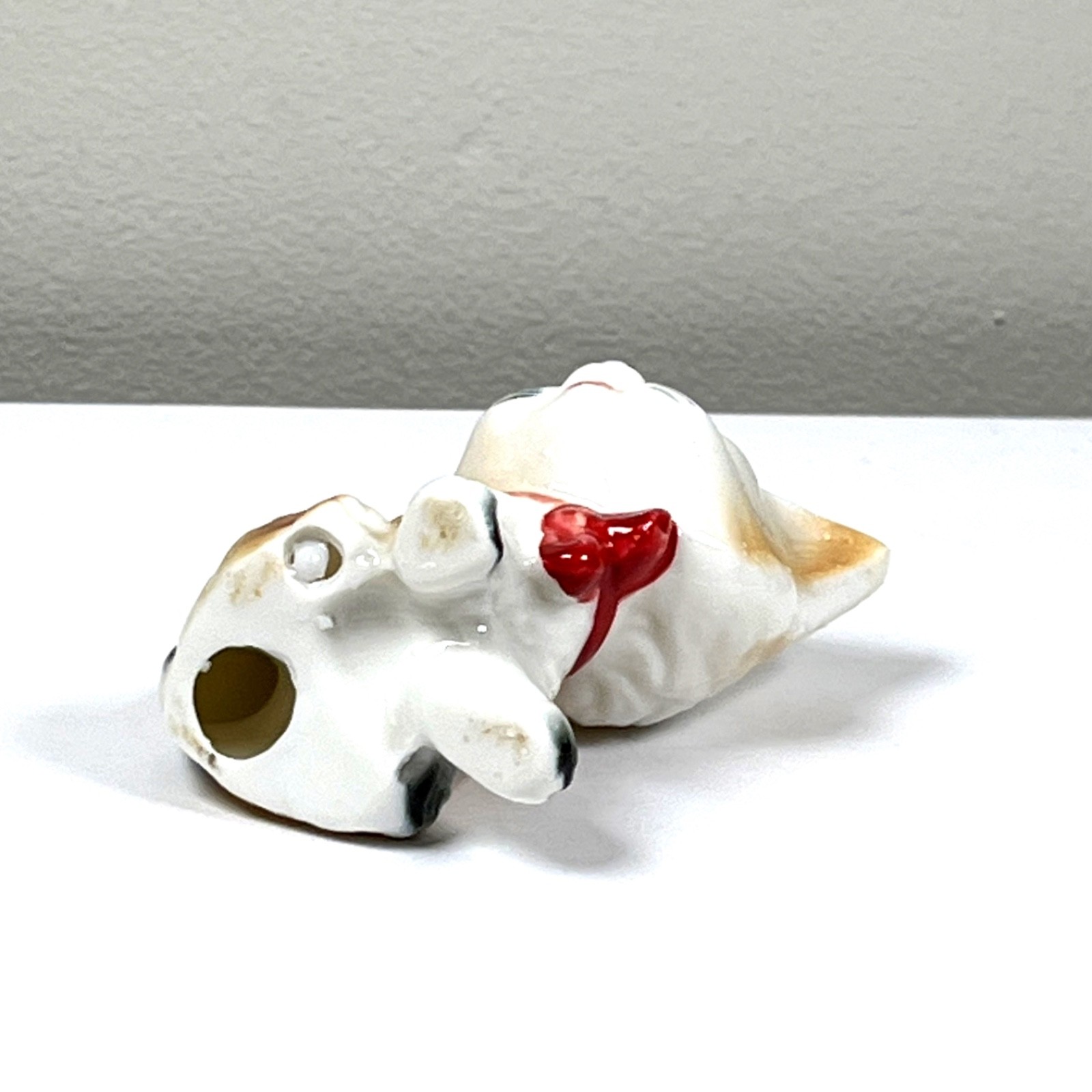 Vintage Bone China Kitten Figurine Red Bow White Brown 2.75″ 1950s Art Pottery